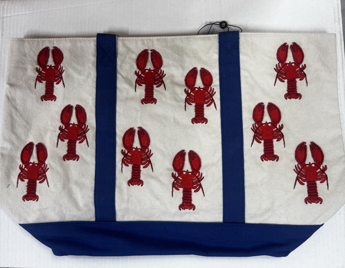 America & Beyond Canvas Beaded Beach Tote Bag Lobster Print Large 21x12x6
