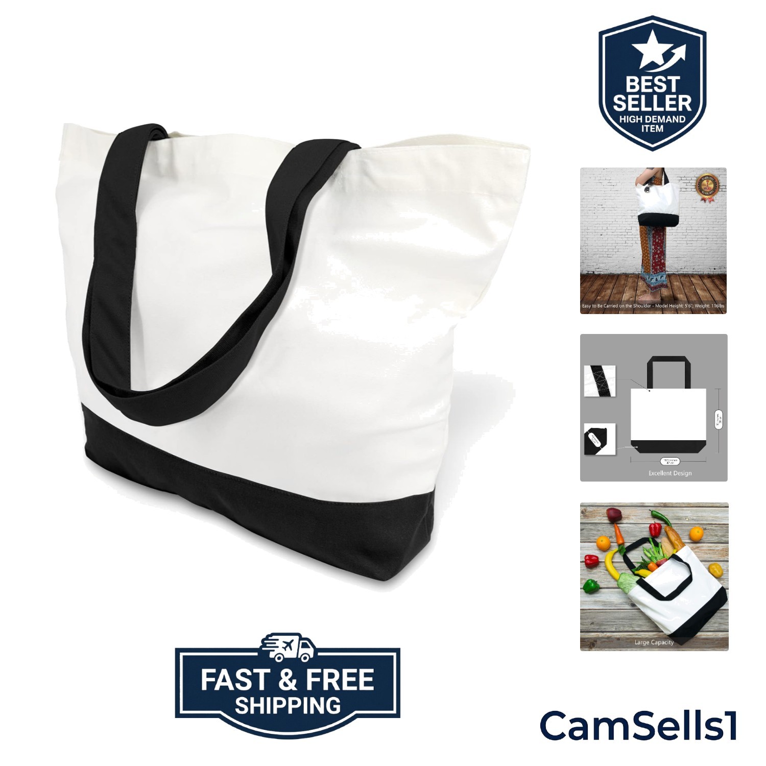 1 | 3 | 6 | 12 | 24 Pack Super Strong Large 12oz Cotton Canvas Tote Bag, Reus…