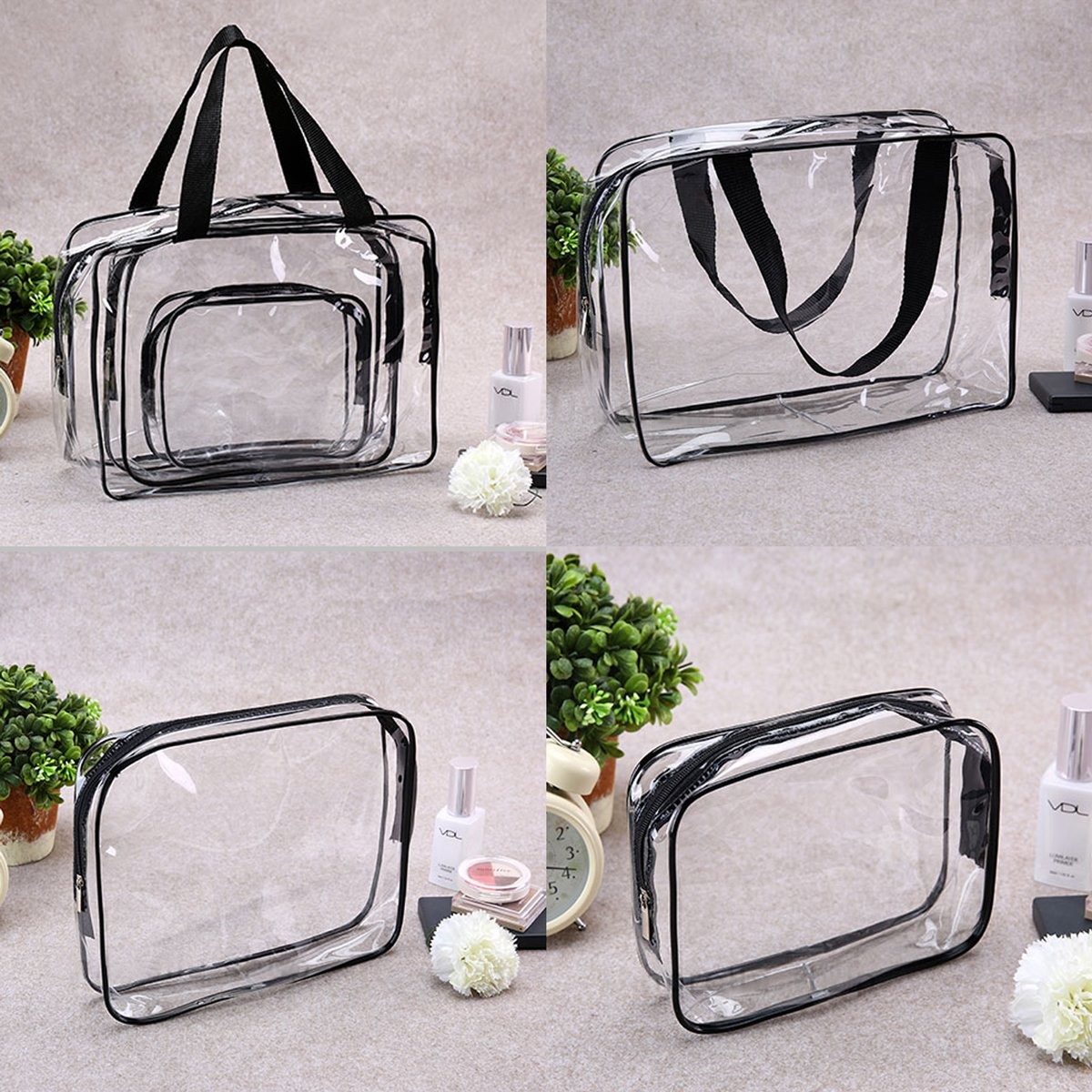 3Pcs Crystal Clear PVC Travel 3 Piece Set, 1 Large, 1 Medium, 1 Small-Black