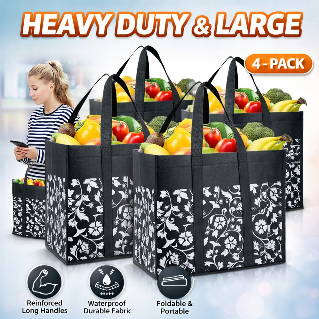 Reusable Grocery Bags 4 Pack Large Heavy Duty Shopping Totes Waterproof Foldable