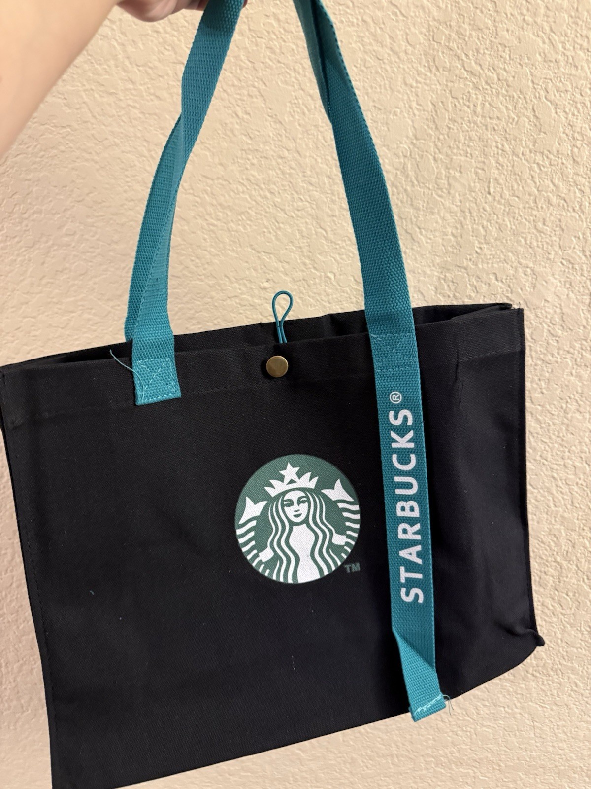 Starbucks Reusable Foldable Canvas Shopping Bag Black Teal Handles Logo