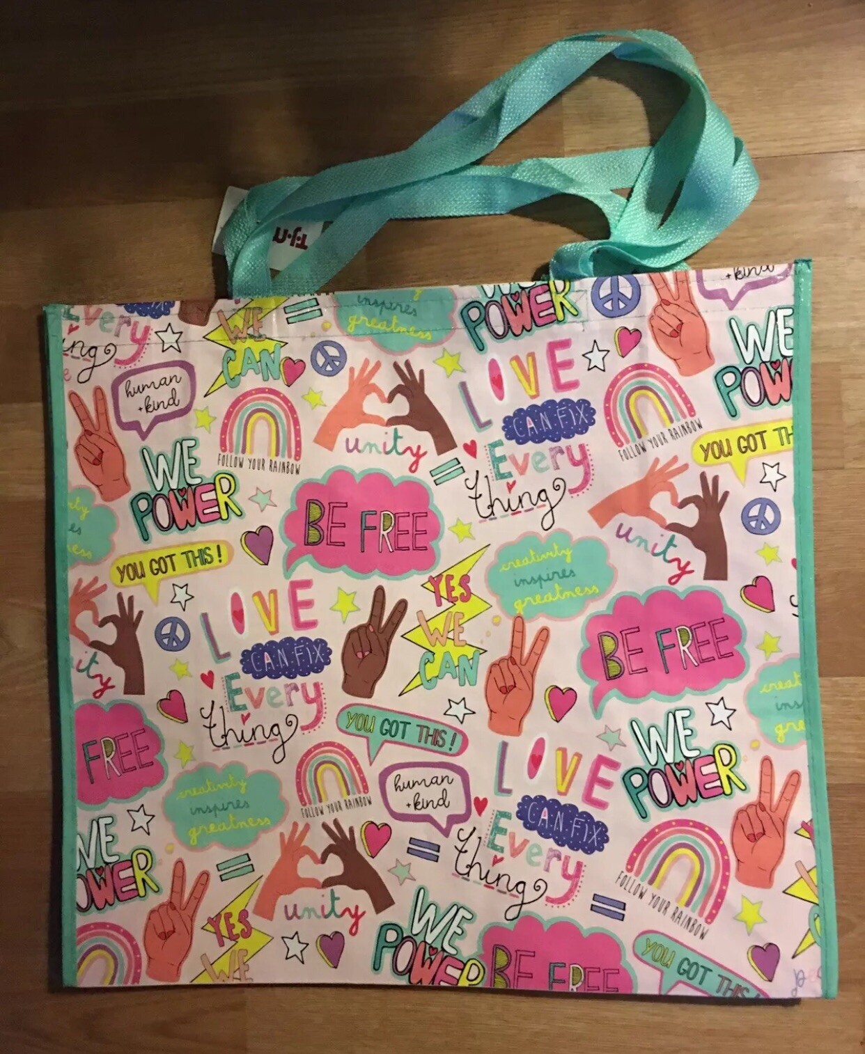 NEW TJ Maxx Homegoods Shopping Bag PEACE LOVE UNITY~Rainbow HIPPY~Reusable Tote