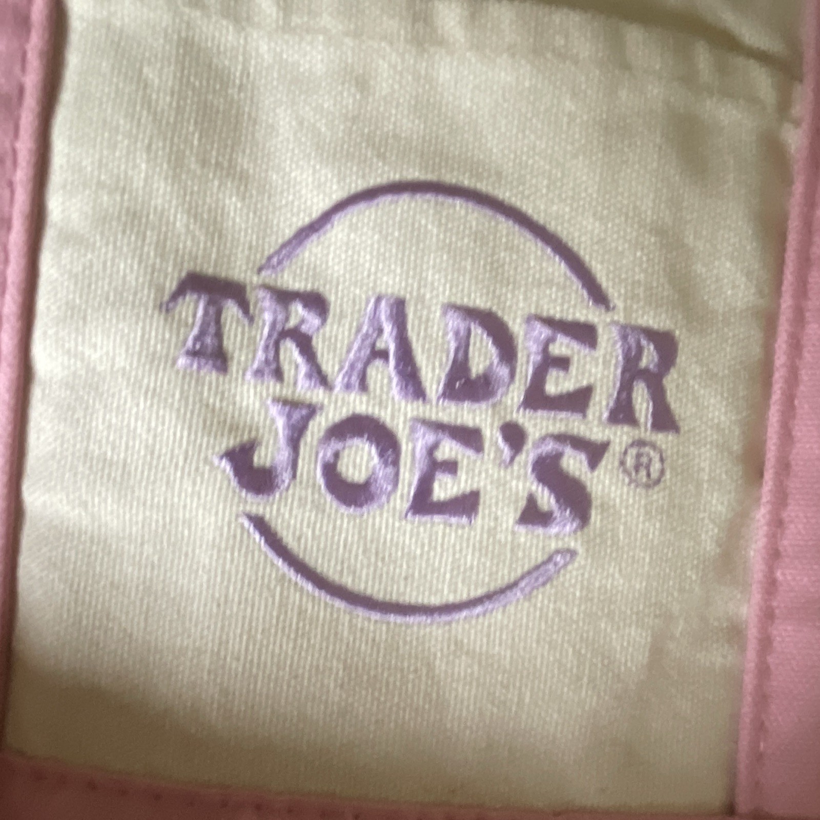 Trader Joe’s Small Canvas Reusable Tote Bag Beige/Pink Purple Logo 8x6x8