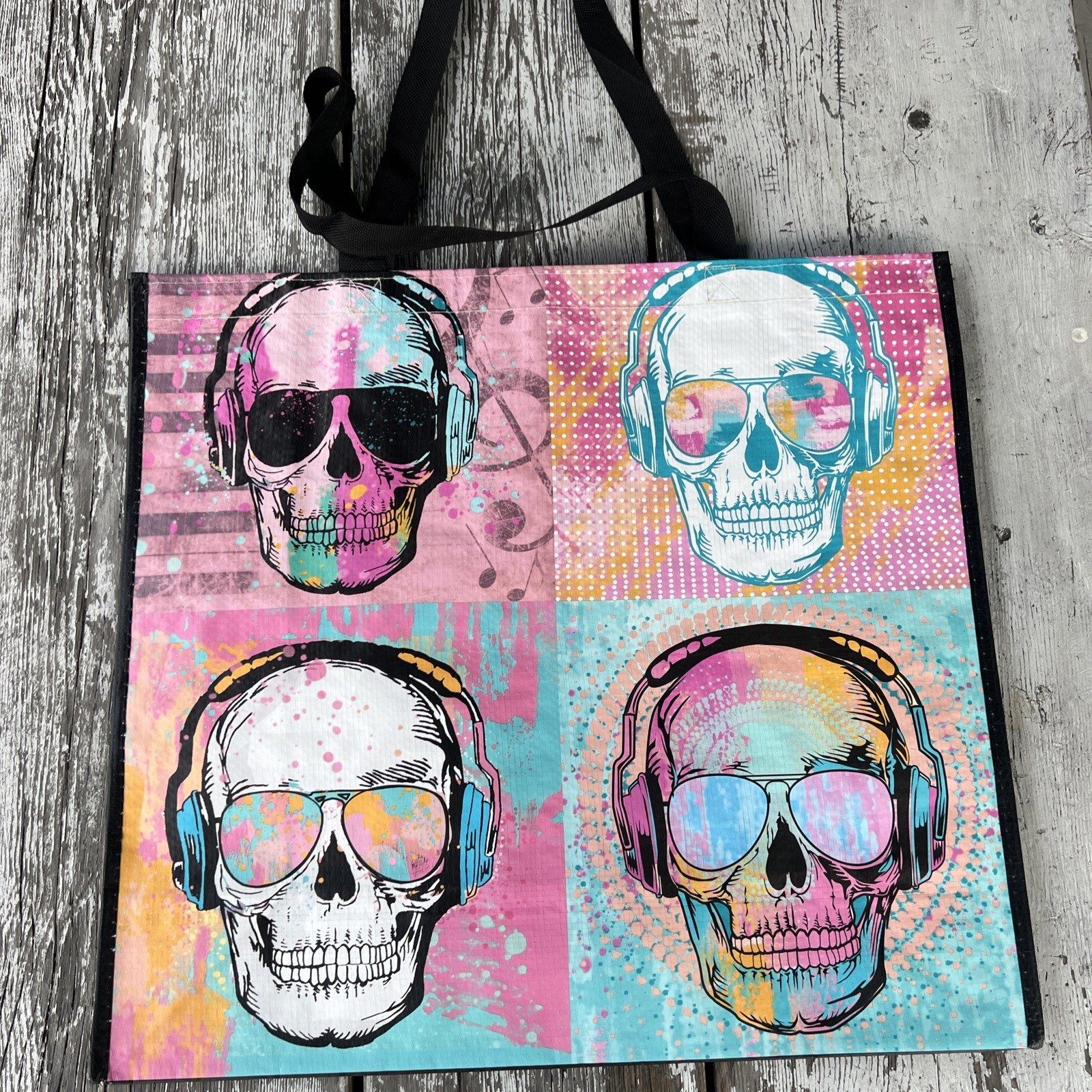 Skulls w/ Headphones POP Art Durable Reusable Grocery Shopping Gift Bag NEW