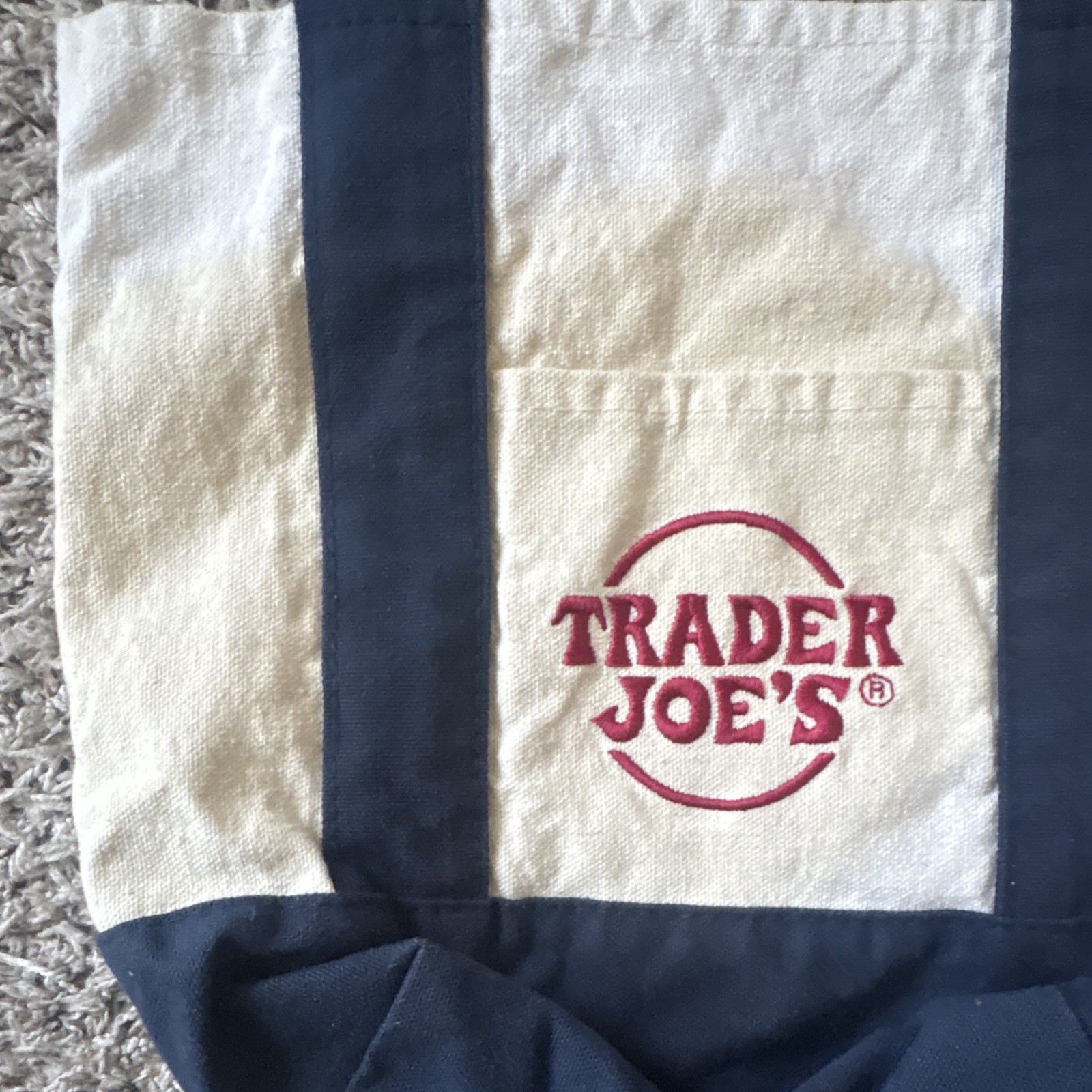Trader Joe’s Canvas Tote Reusable Shopping Bag Beige/Blue Logo
