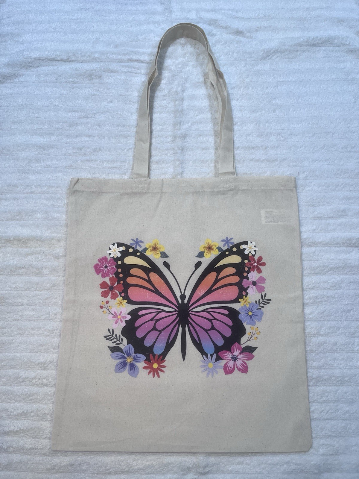 Reusable Canvas Tote Bag Beige Multicolor Butterfly Floral Print 16×15 in