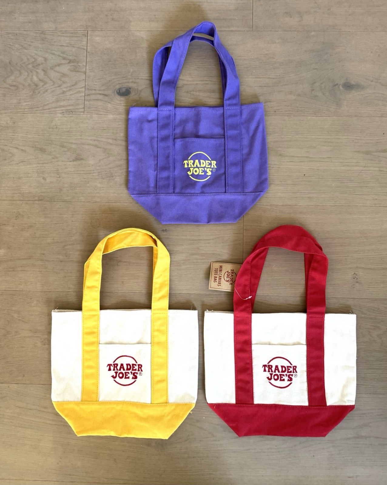 Trader Joe’s Mini Canvas Tote Bags Set of 3 Red Yellow Purple Collectible