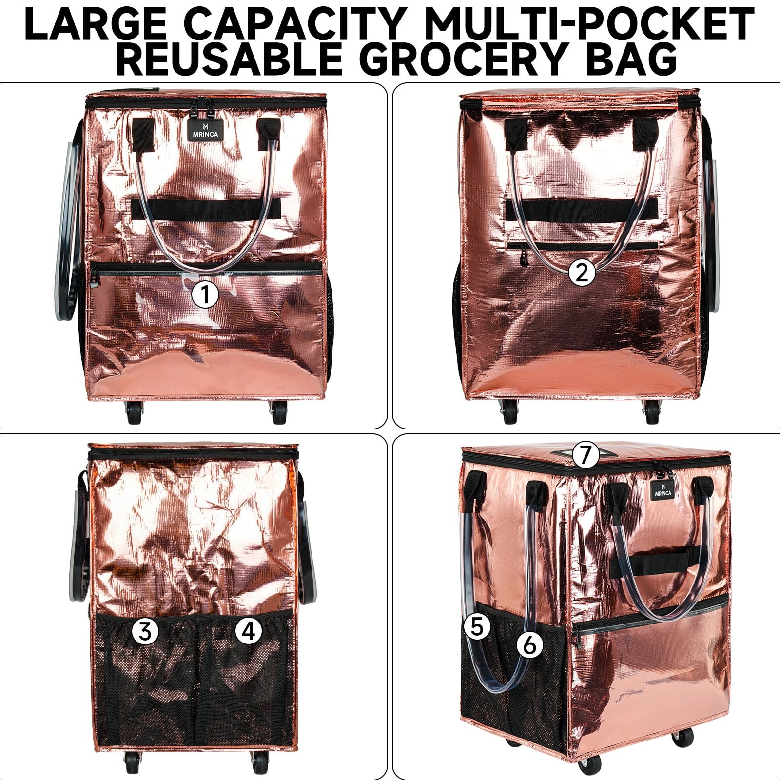 Reusable Grocery Bag On Wheels, Foldable Rolling Tote Bag, 6 Pockets, Collaps…