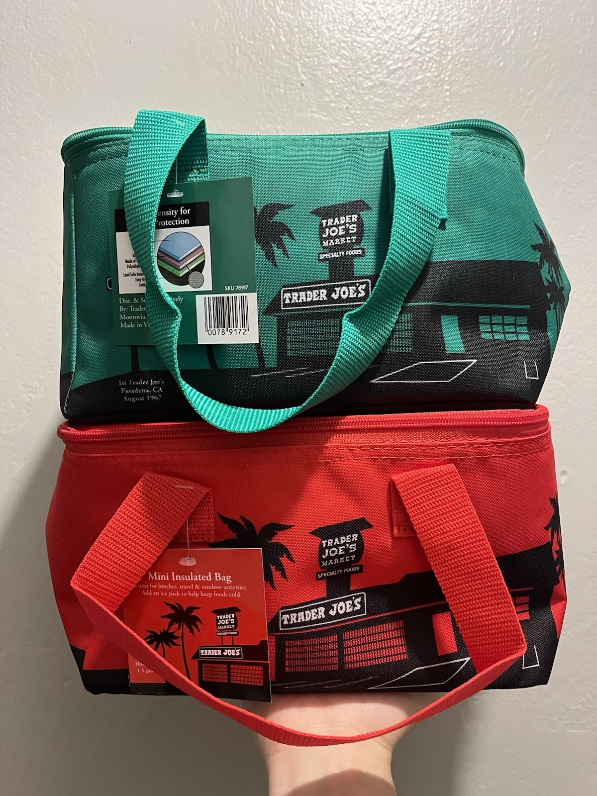 Trader Joe’s Red & Emerald Green Mini Insulated Tote Bags