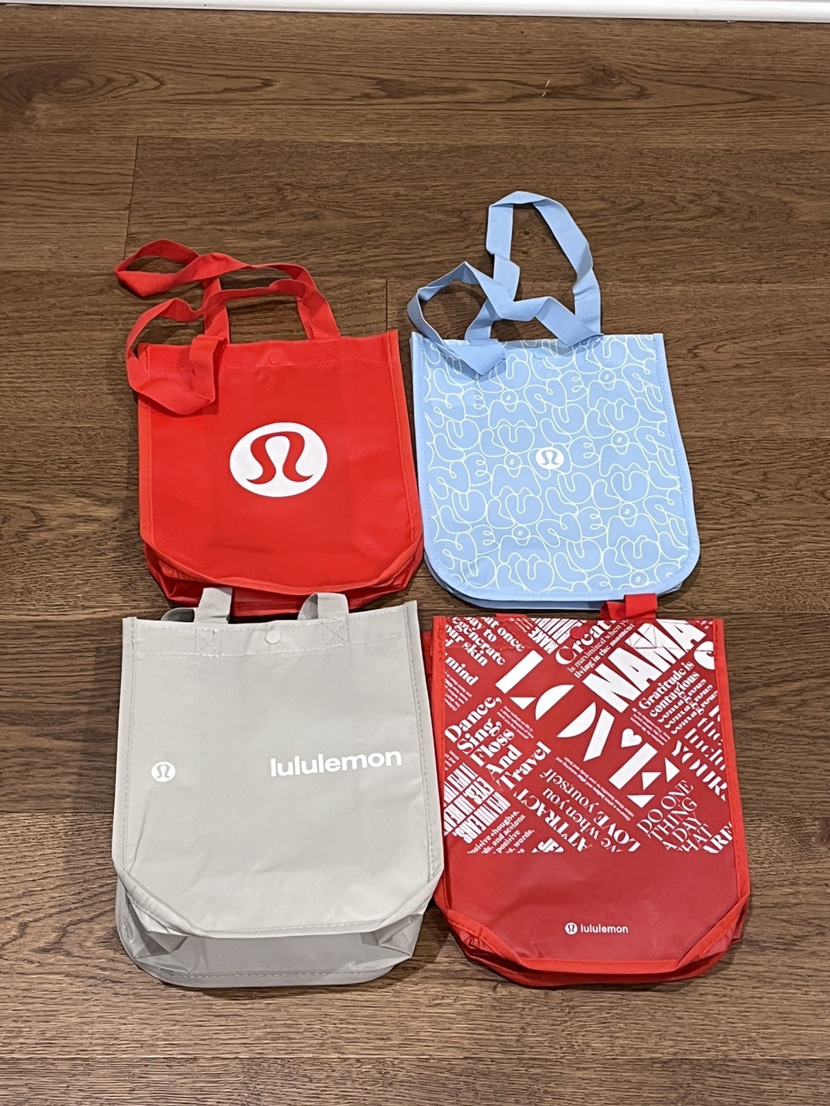 Lululemon Small Lot of 4 Reusable Shopping Tote Bags ❤️ Red 🩶 Gray 💙 Blue NEW