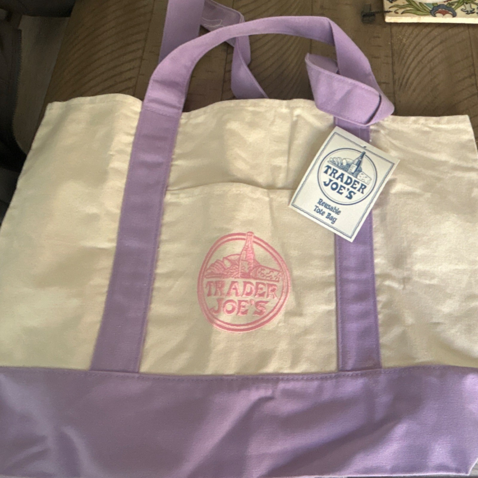 Trader Joe’s Reusable Shopping Bag Beige Purple Tote