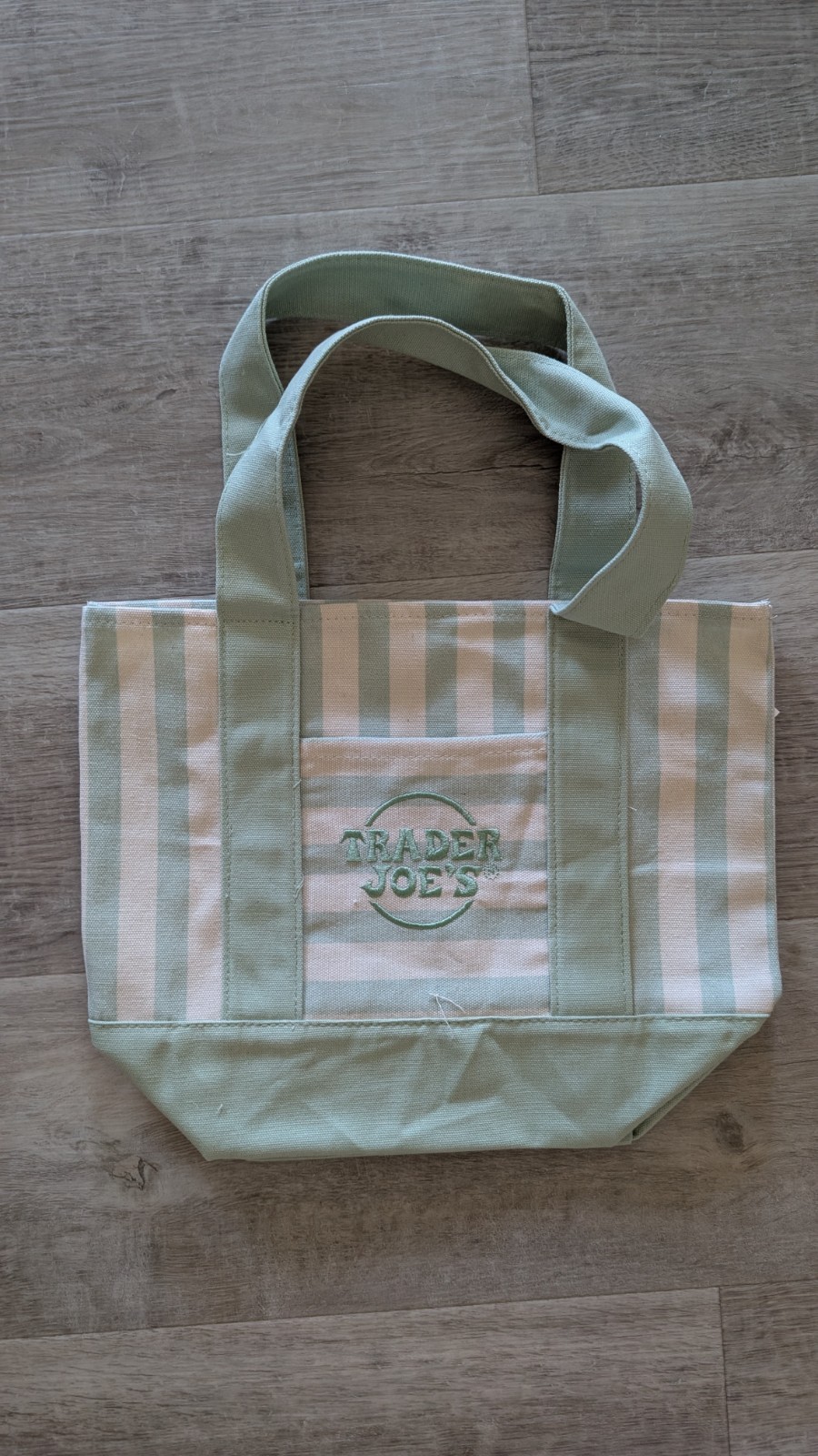 Brand New Trader Joe’s Mini Tote Bag In Pinstripe light Green!!! Out Today!!
