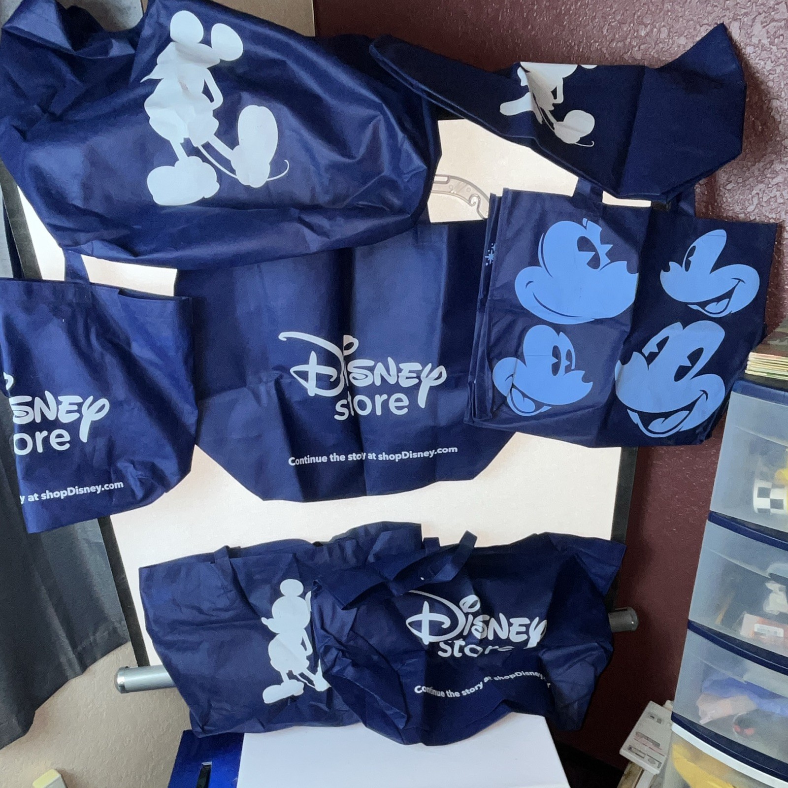 Huge lot of 7 Disney Store Reusable Shopping Bag Blue Mickey Mouse Pattern Tote