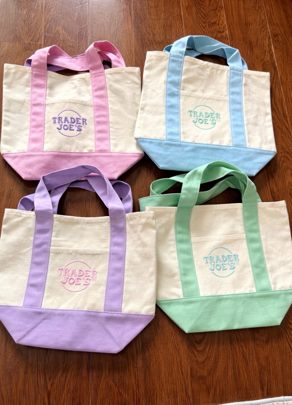 Trader Joe’s Mini Pastel Blue, Green, Purple, Pink Canvas Tote Bags Pack of 4