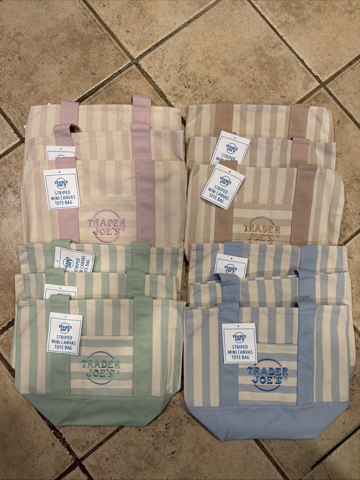 TRADER JOE’S PASTEL STRIPE CANVAS TOTE BAGS (3) SETS of 4! 12 Bags With Tags