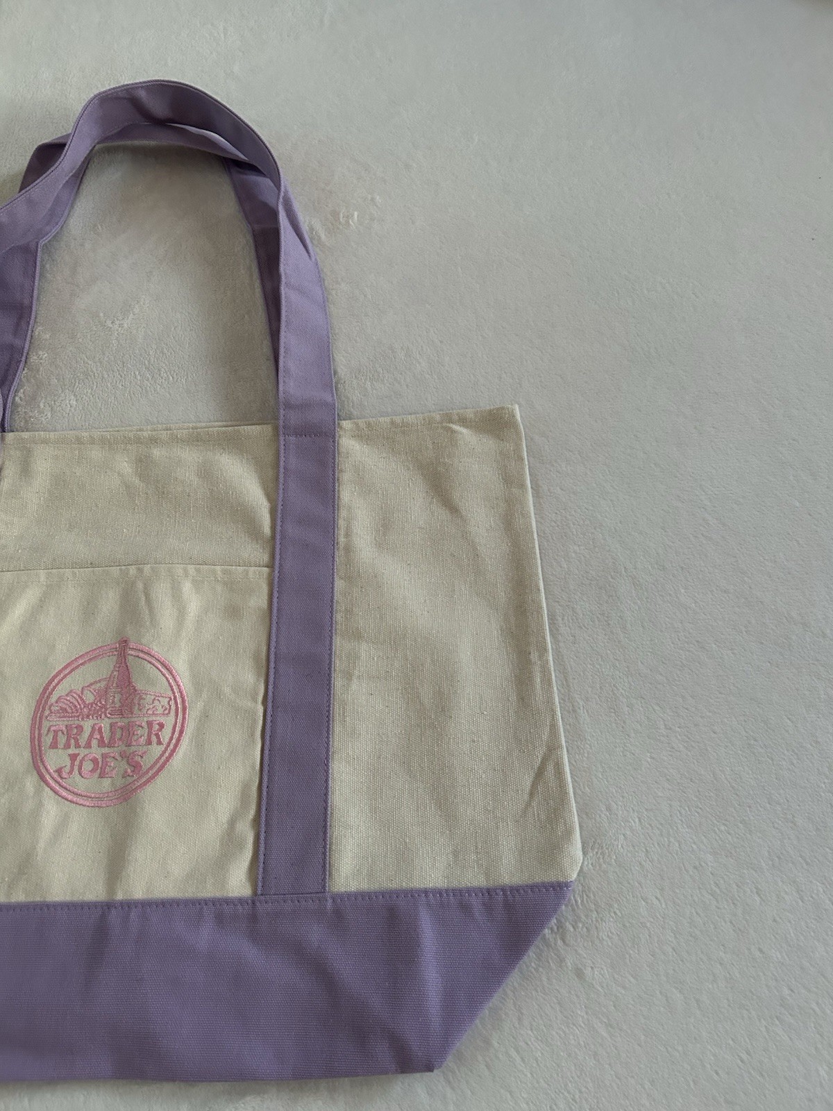Trader Joe’s Trending Large Purple Embroidered Logo Reusable Canvas Tote Bag NWT