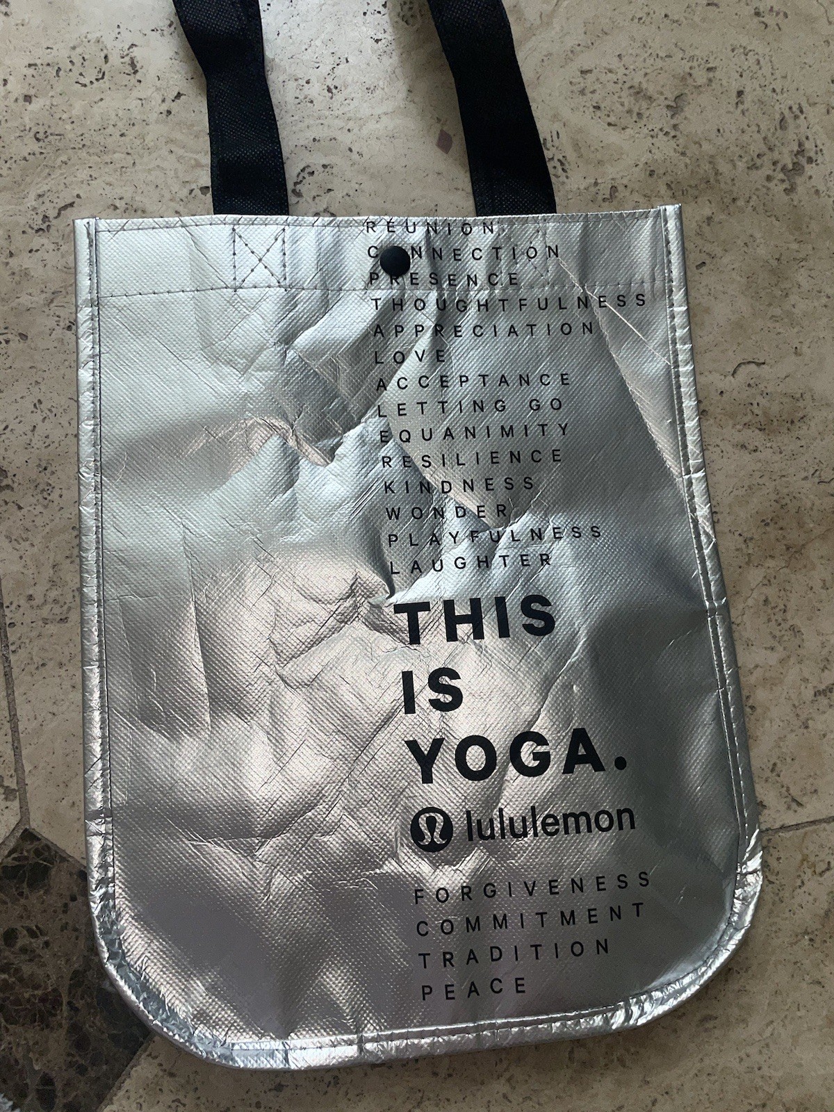 Lululemon – RARE Metallic Silver “THIS IS YOGA” Small Shopping Tote Bag – Flaw