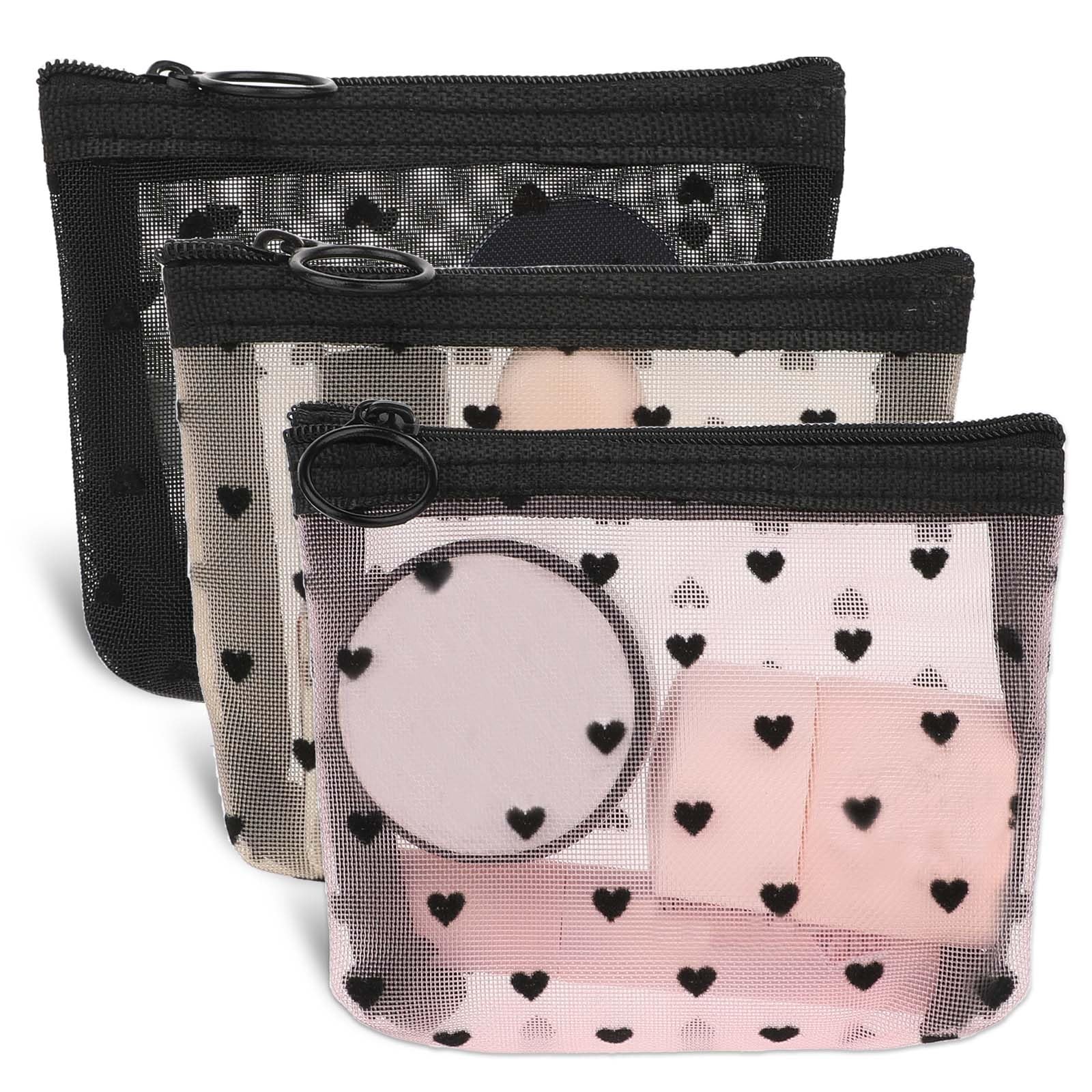 3Pcs Mini Cosmetic Bags, Heart 9.84 x 7.09 x 0.59 inches, White, Pink, Black