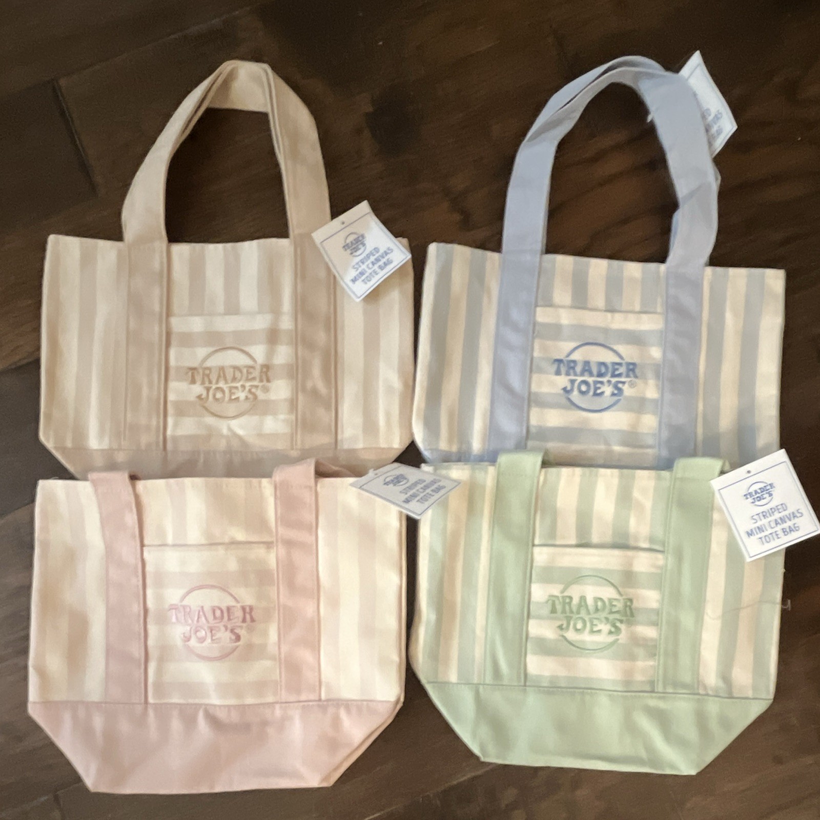 Trader Joe’s Lot of 4 Small Canvas Tote Bags Striped Multicolor 13x6x10