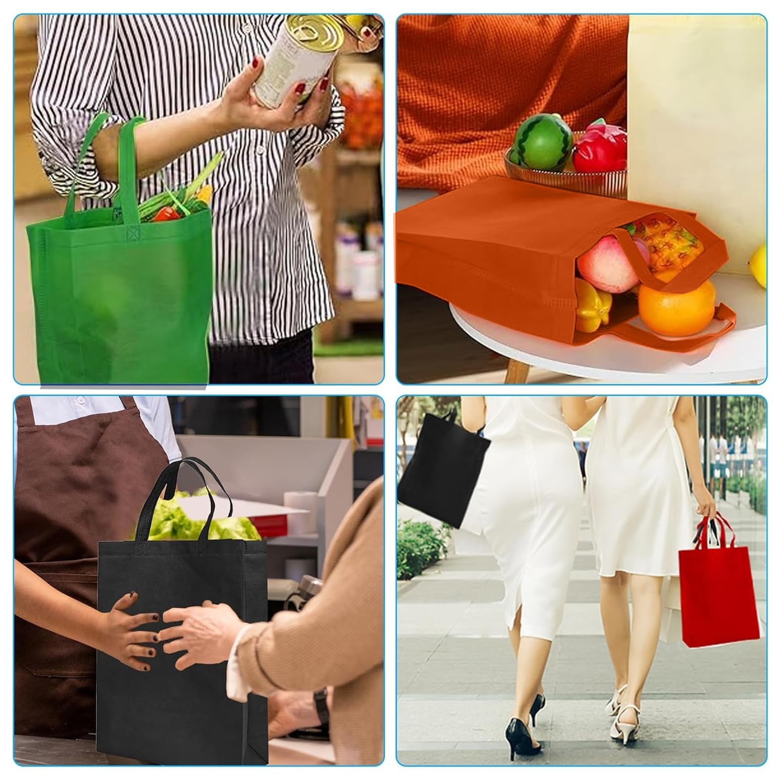 Non Woven Tote Bags Reusable Grocery Handles Multicolor Foldable 14×10 In 60 PCS