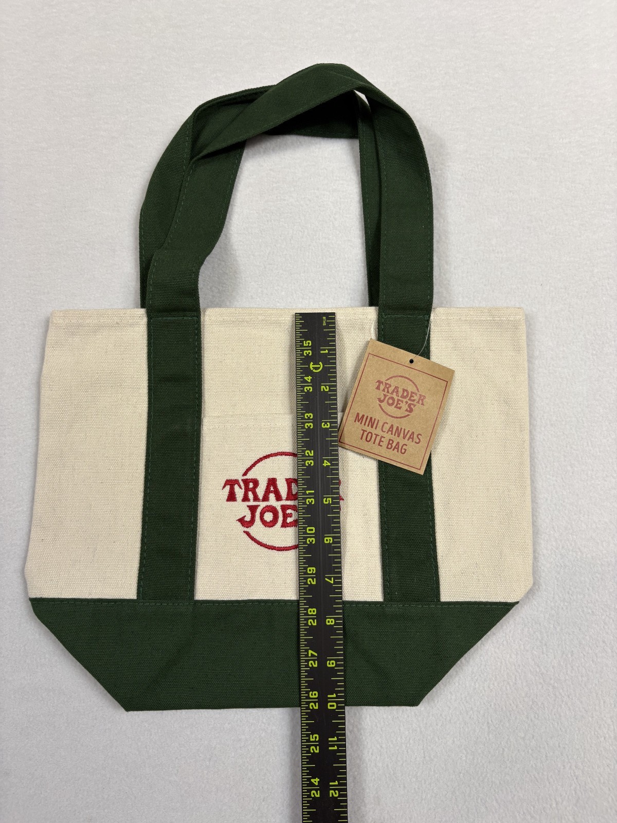 TRADER JOE’S MINI CANVAS TOTE BAG NEW WITH TAG NWT GREEN REUSABLE SHOPPING 10X13