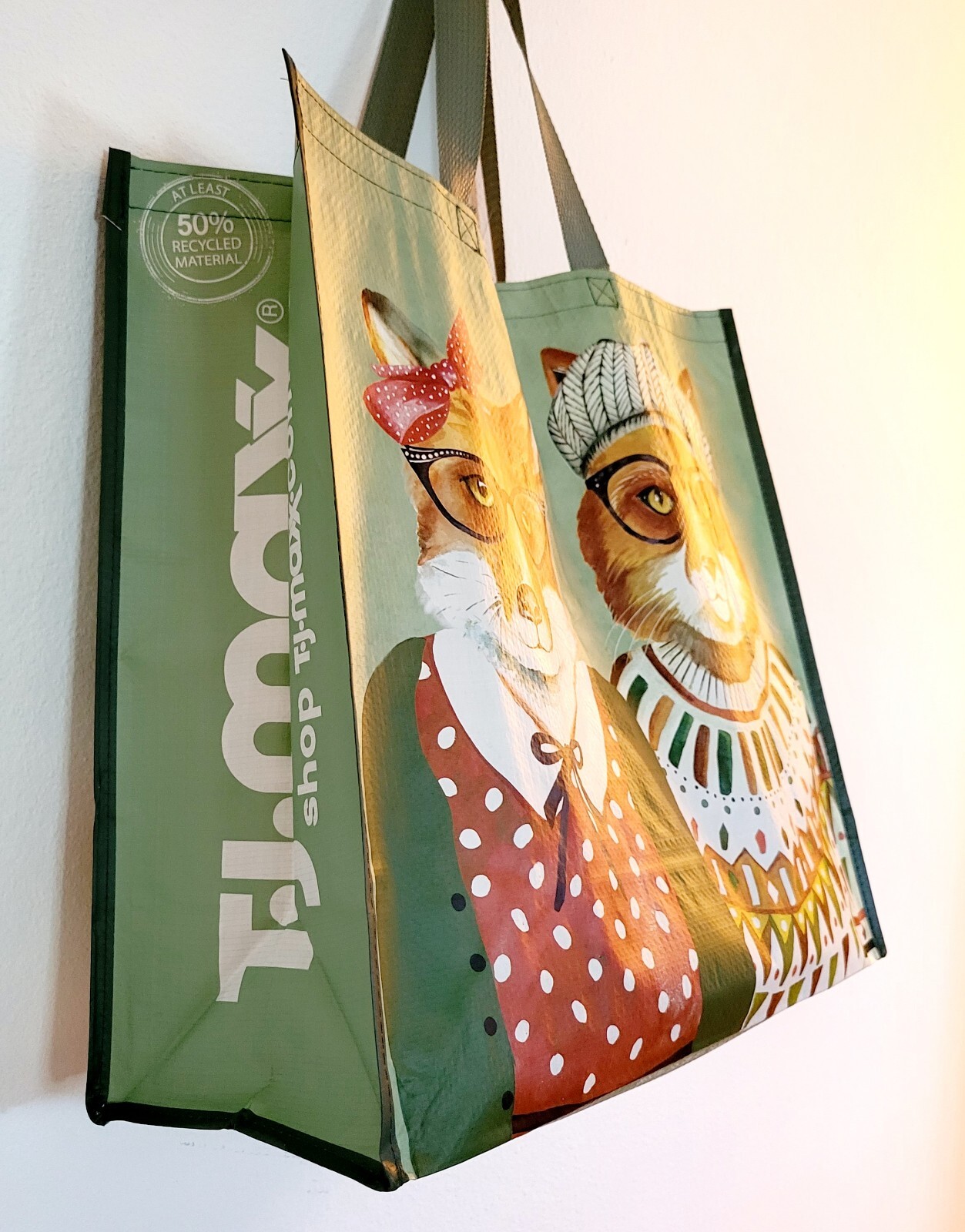 TJ Maxx Fox In Clothing & Glasses Reusable Shopping Bag Tote New Cute!