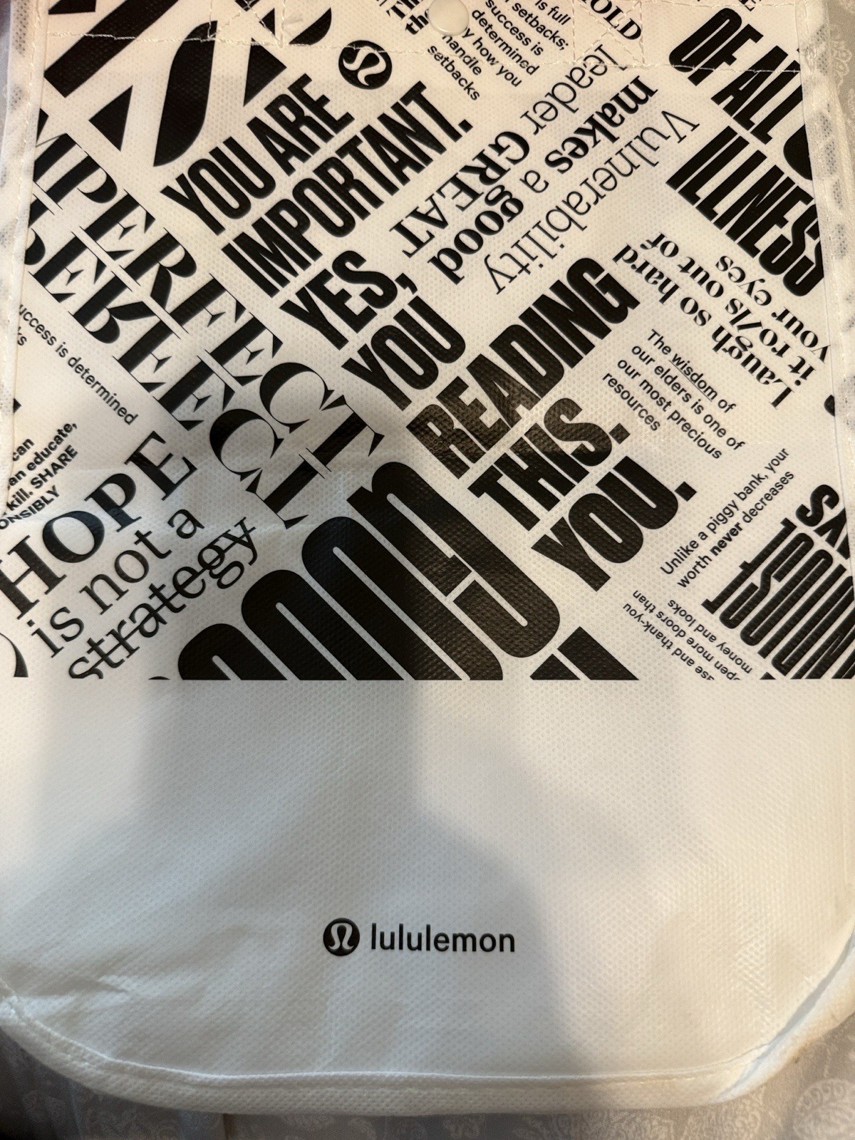 lululemon Reusable Shopping Tote Bag Red/White/Black All-Over Text Print