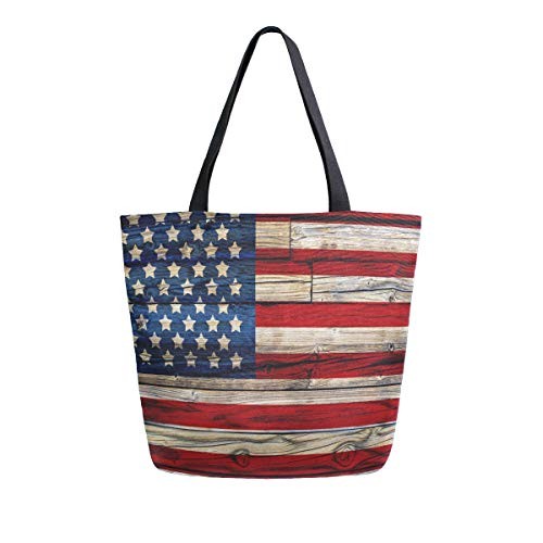 4th of July Canvas Tote Bag Large Women Casual Shoulder Wooden American Flag