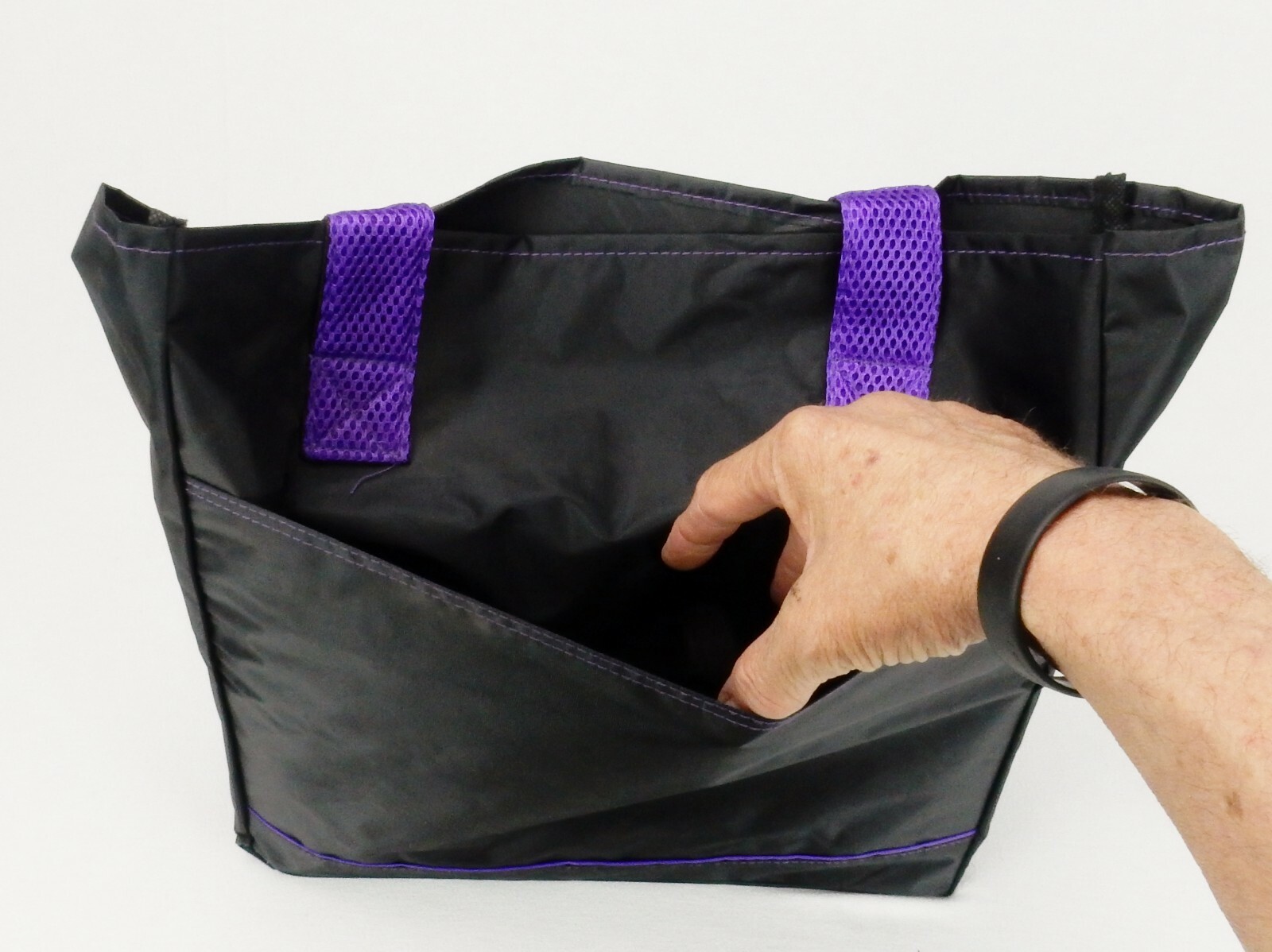 Slender Shopping Tote, Outer Pocket, Water Resistant, Black or Purple, #TB6104