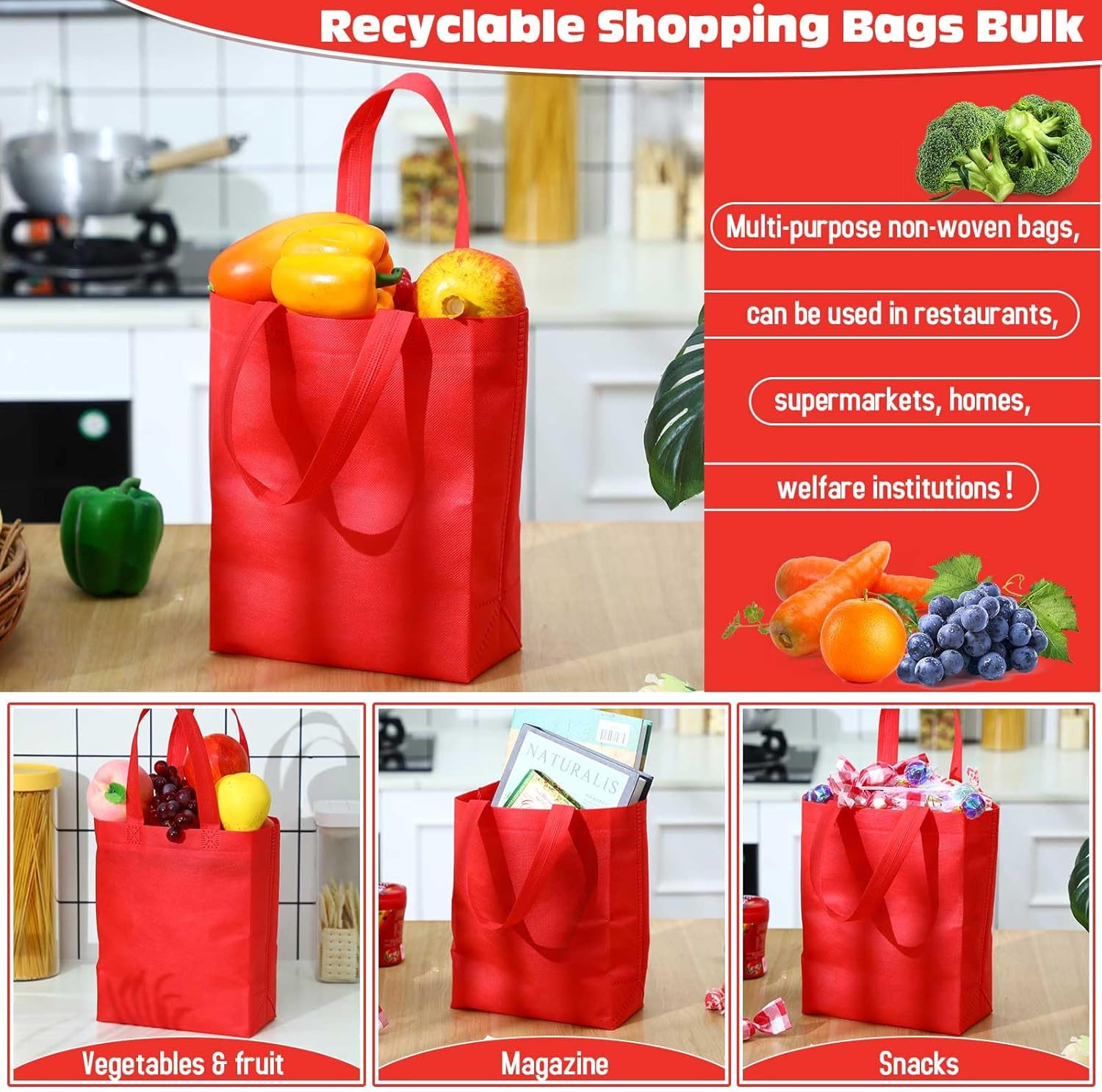 50 Pcs Reusable Tote Bag Bulk 8 X 4 X 10 Inch Non Woven Shopping Bag with Handle