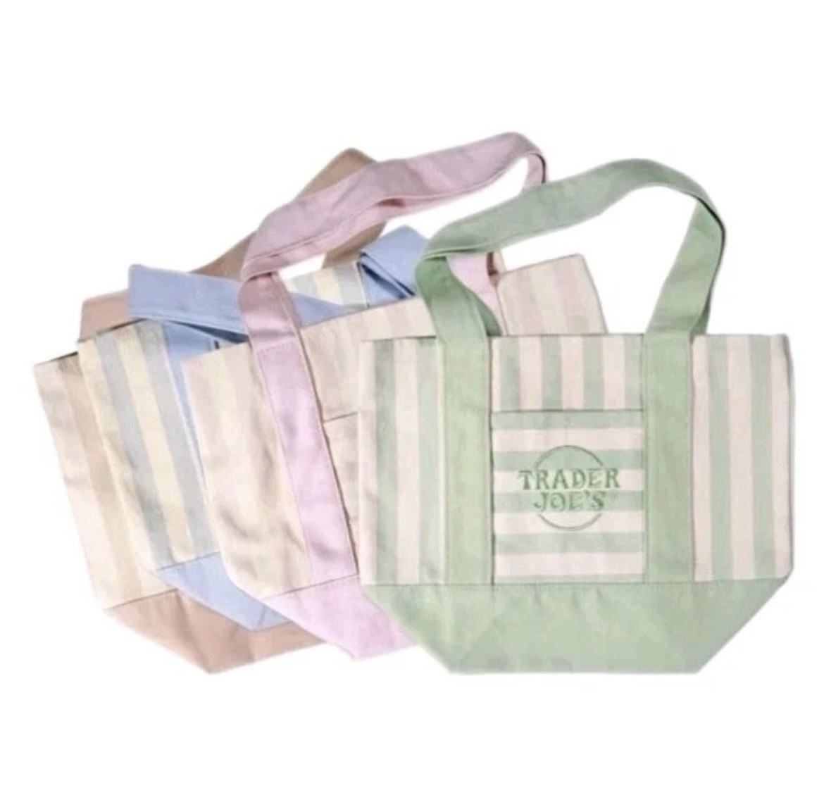 TRADER JOE’S MINI PASTEL STRIPE CANVAS TOTE BAGS SET Of 4 PINK BLUE GREEN BEIGE