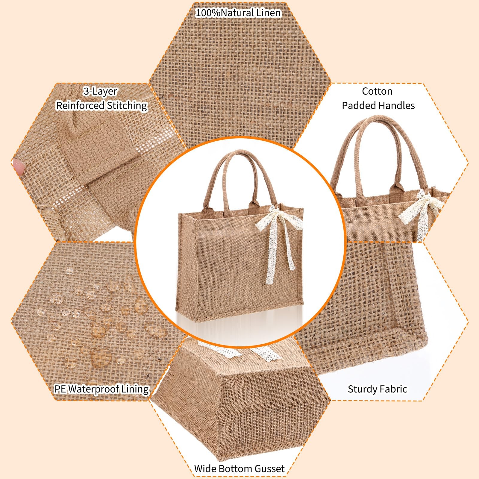8 PCS Large Burlap Tote Bags 13.7x5x11 Inch Reusable Waterproof Jute Shopper
