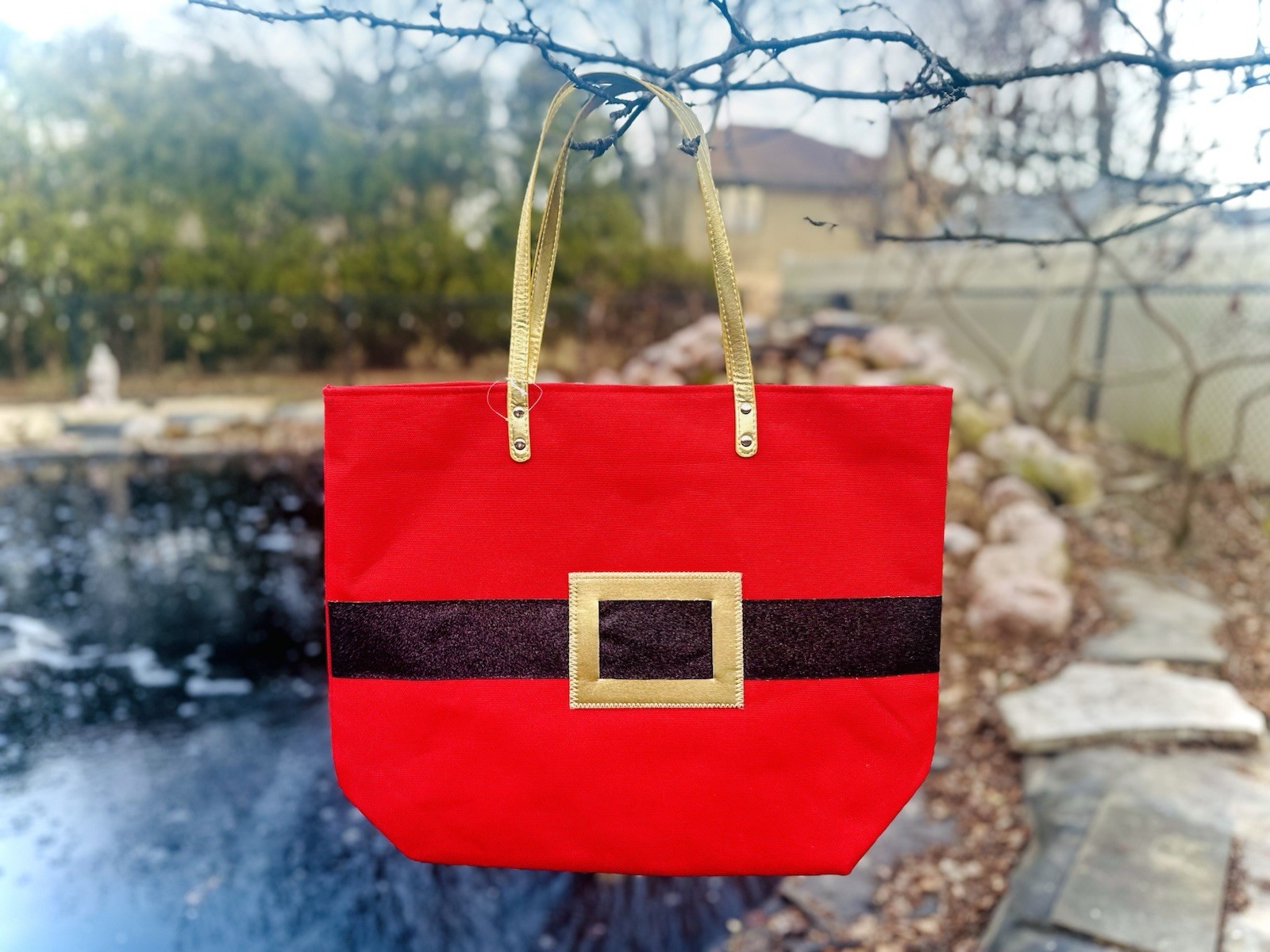 Red Santa Belt canvas unique tote with Gold Handles.