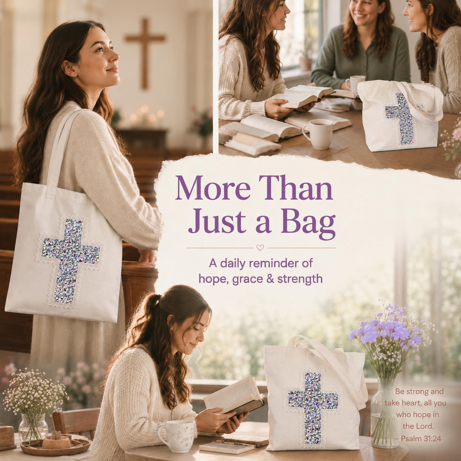 Christian Tote Bag for Women, Bible Bags with Handcrafted Cross & Lace, 12oz …
