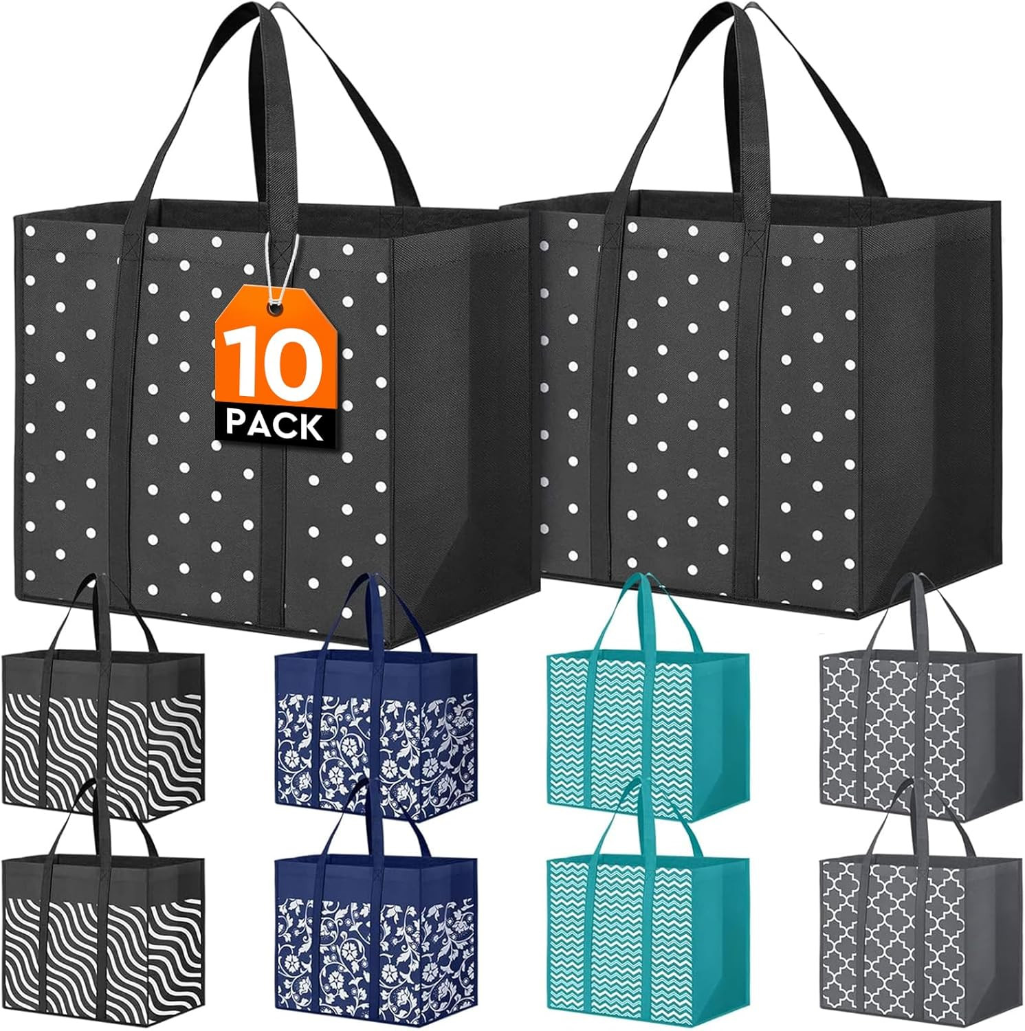 10 Pack Reusable Grocery Bags for Groceries 35L Large Capacity Heavy Duty Waterp