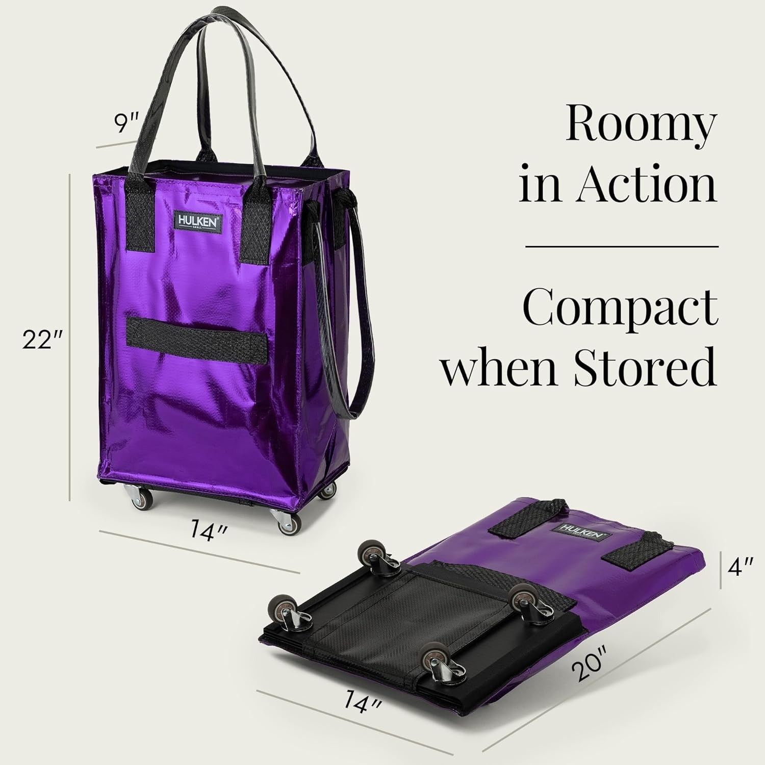 HULKEN (Small, Ultraviolet) Reusable Grocery Bag On Wheels, Carries Up to 66 lb