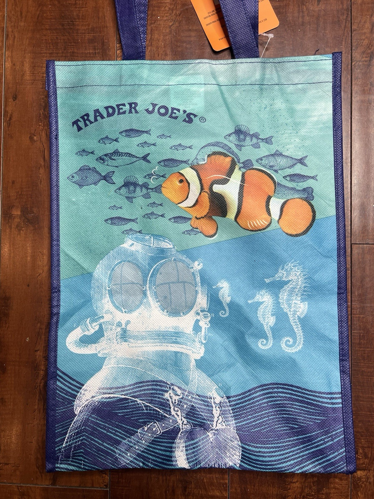 Trader Joe’s Blue Fish Tote Bag Ocean Clownfish Submarine Reusable 100% Recycled