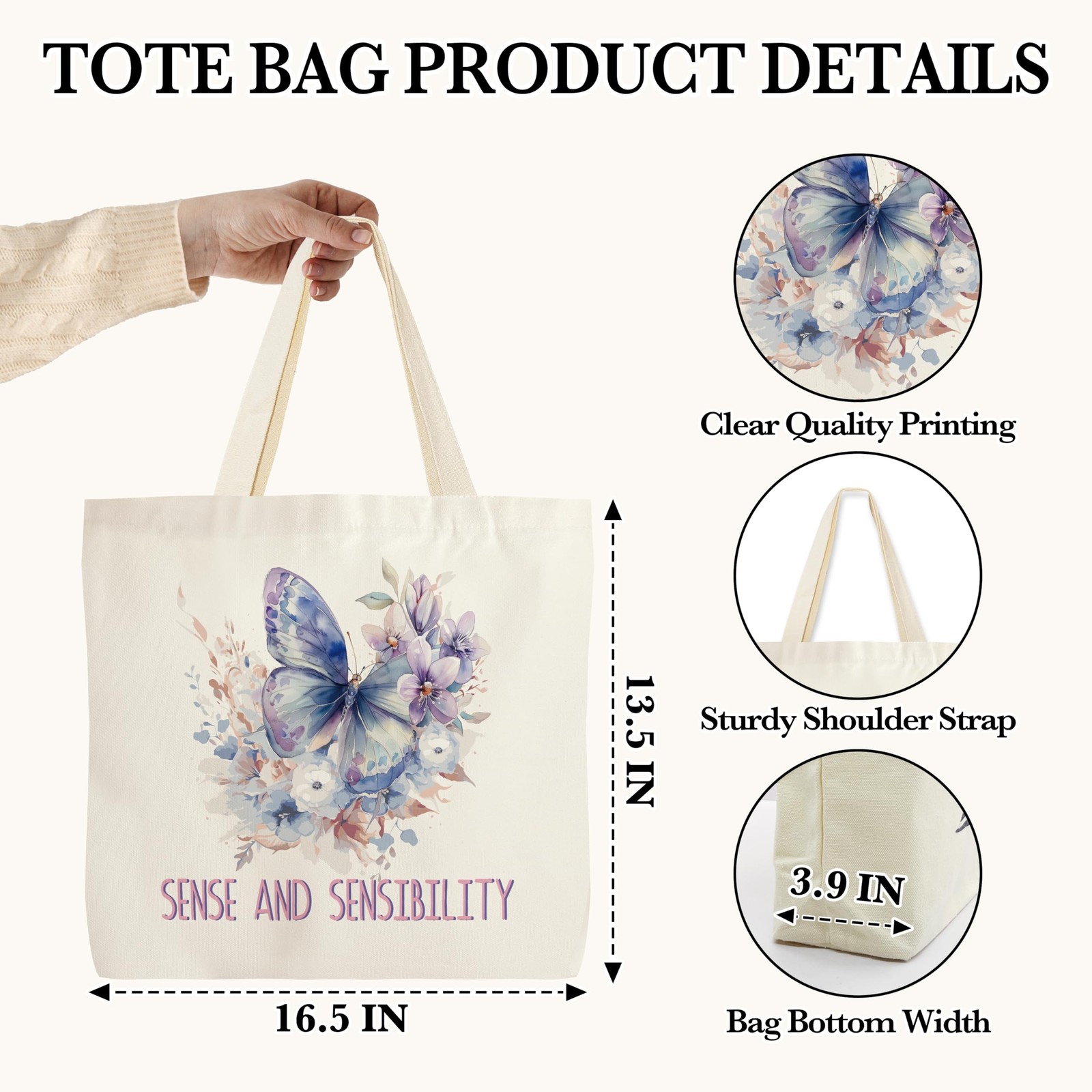 ‘s Canvas Tote Bags, Aesthetic Boho Gifts For , Flowers And Butterflies Patte…