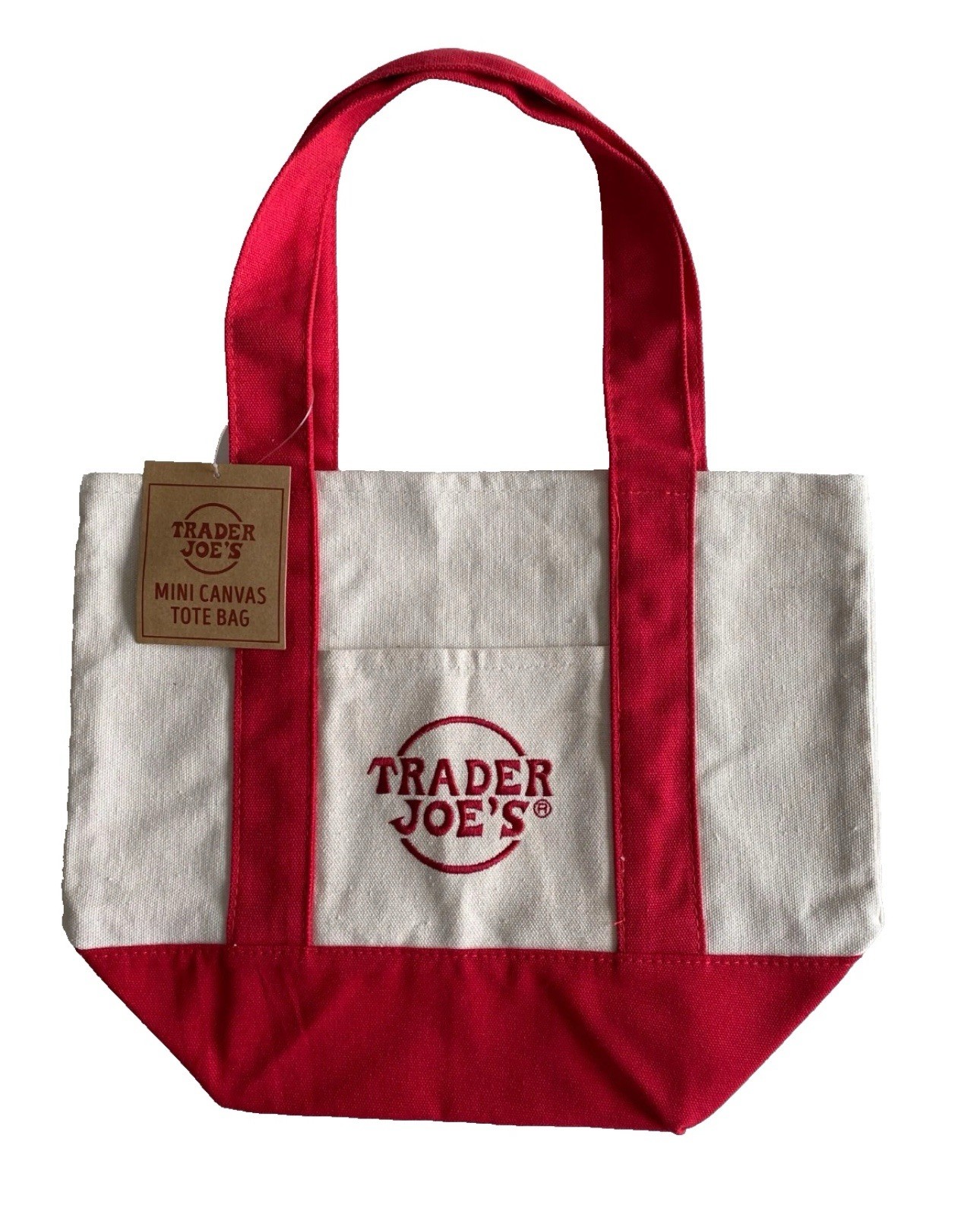 Trader Joe’s Mini Foldable Canvas Tote Bag Red Beige Colorblock