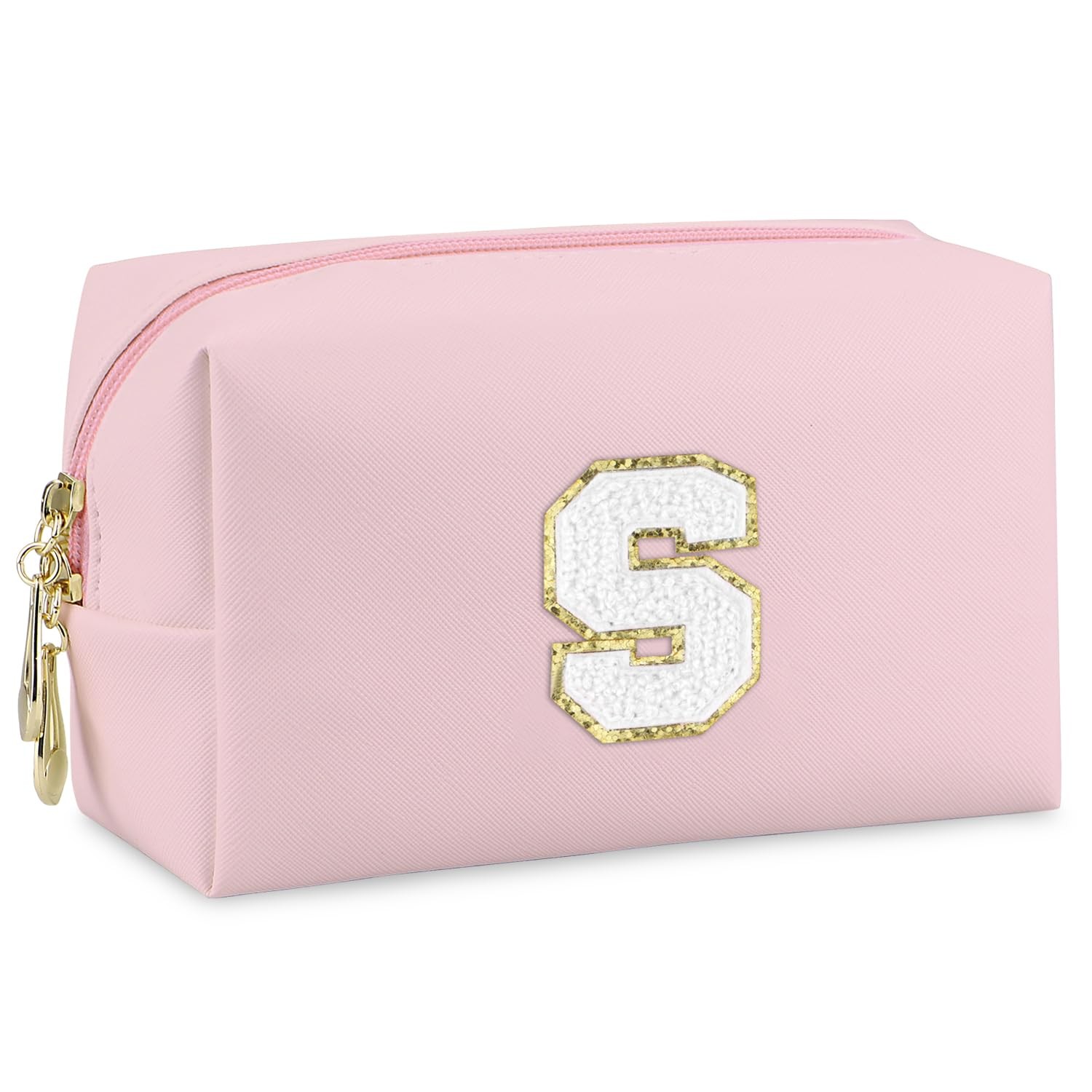 Gosuoa Initial Makeup Bag,Personalized preppy bag Waterproof PU Leather Pink