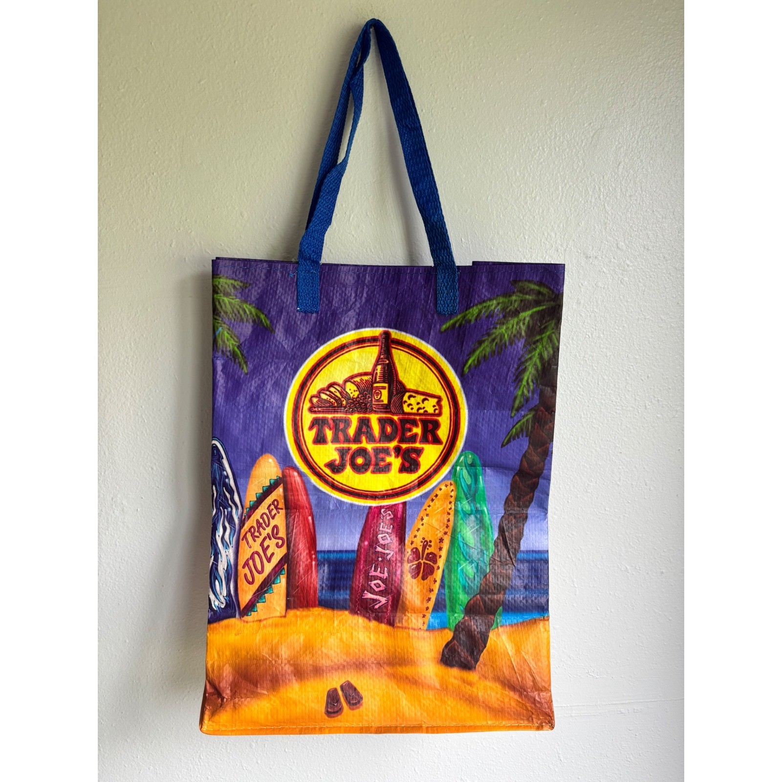 Trader Joe’s Reusable Grocery Bag Tropical Beach Surfboard Tote Multicolor Rare