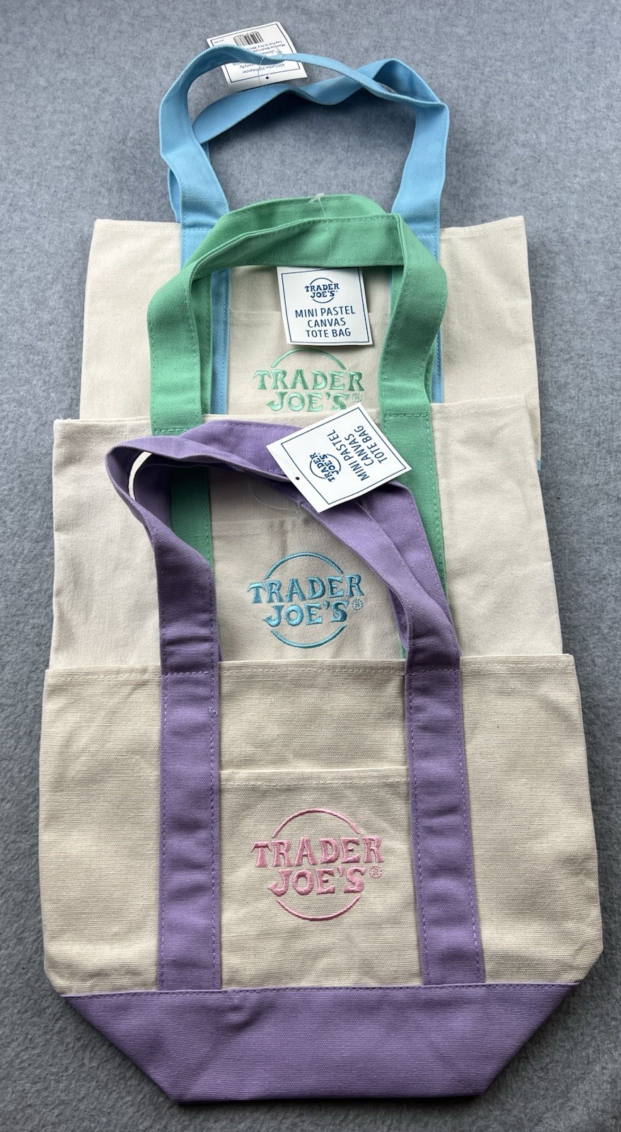 Set Of 3 Trader Joe’s Mini Pastel Canvas Tote Bag Purple,Green and Blue 2026 NWT