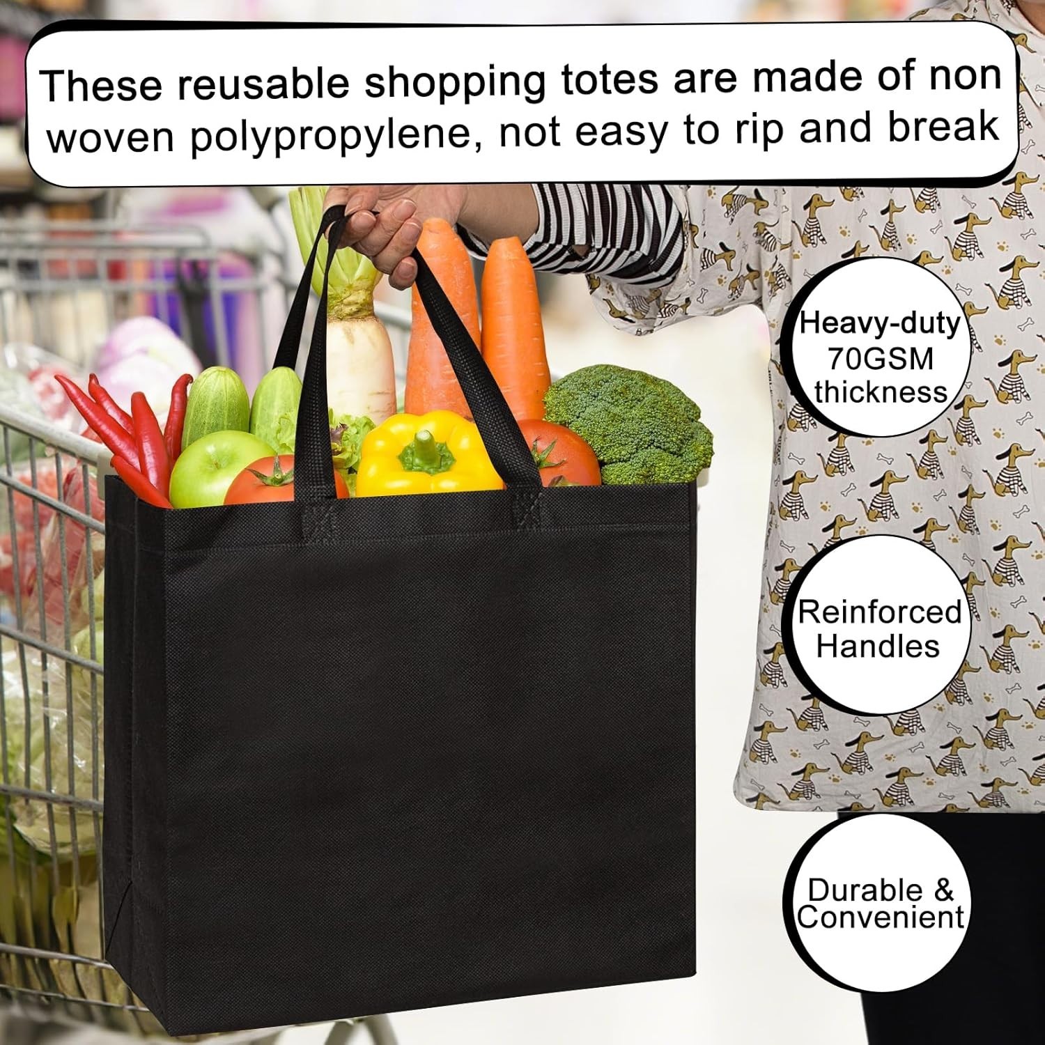 Durable and Stylish: 50 Pack Black Reusable Tote Bags with Reinforced Handles