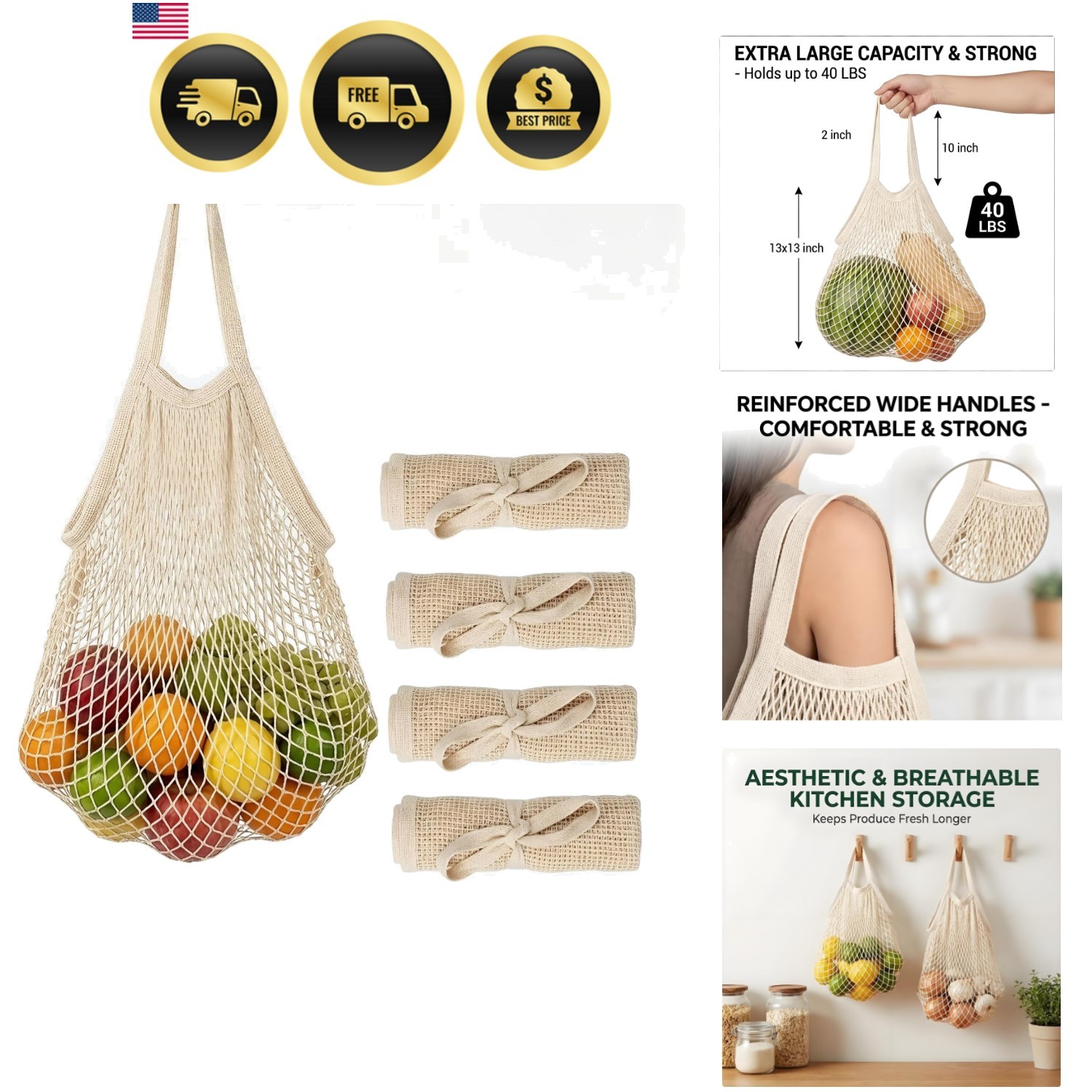 Mesh Grocery Bags 4 Pack, Reusable Cotton String Shopping Totes with Long Han…