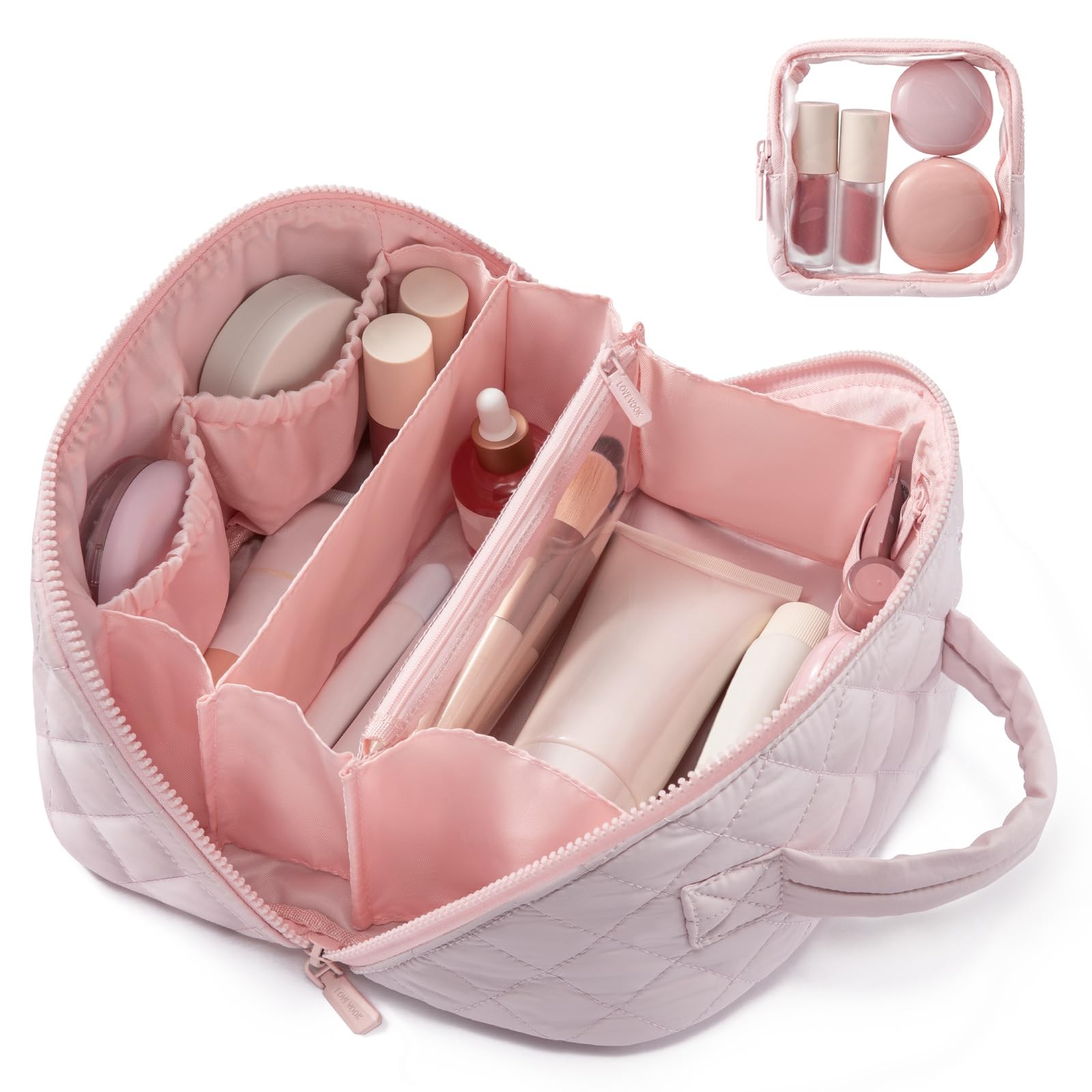 LOVEVOOK Travel Makeup Bag for Women, 2Pcs Puffer Waterproof Medium, Pink