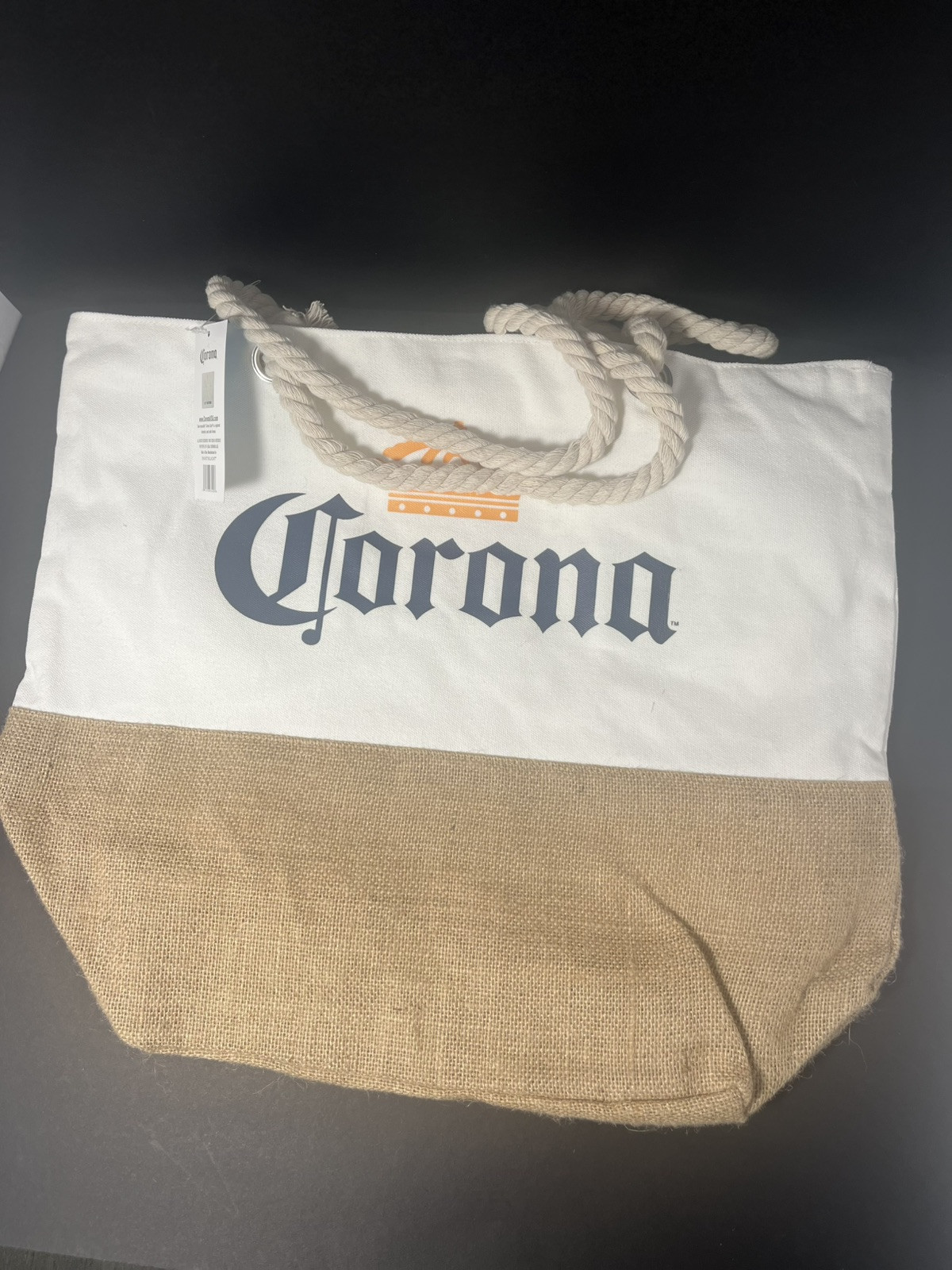Corona Beer Beach Bag Tote, Northlight, logo, burlap, canvas, lined, rope Ivory