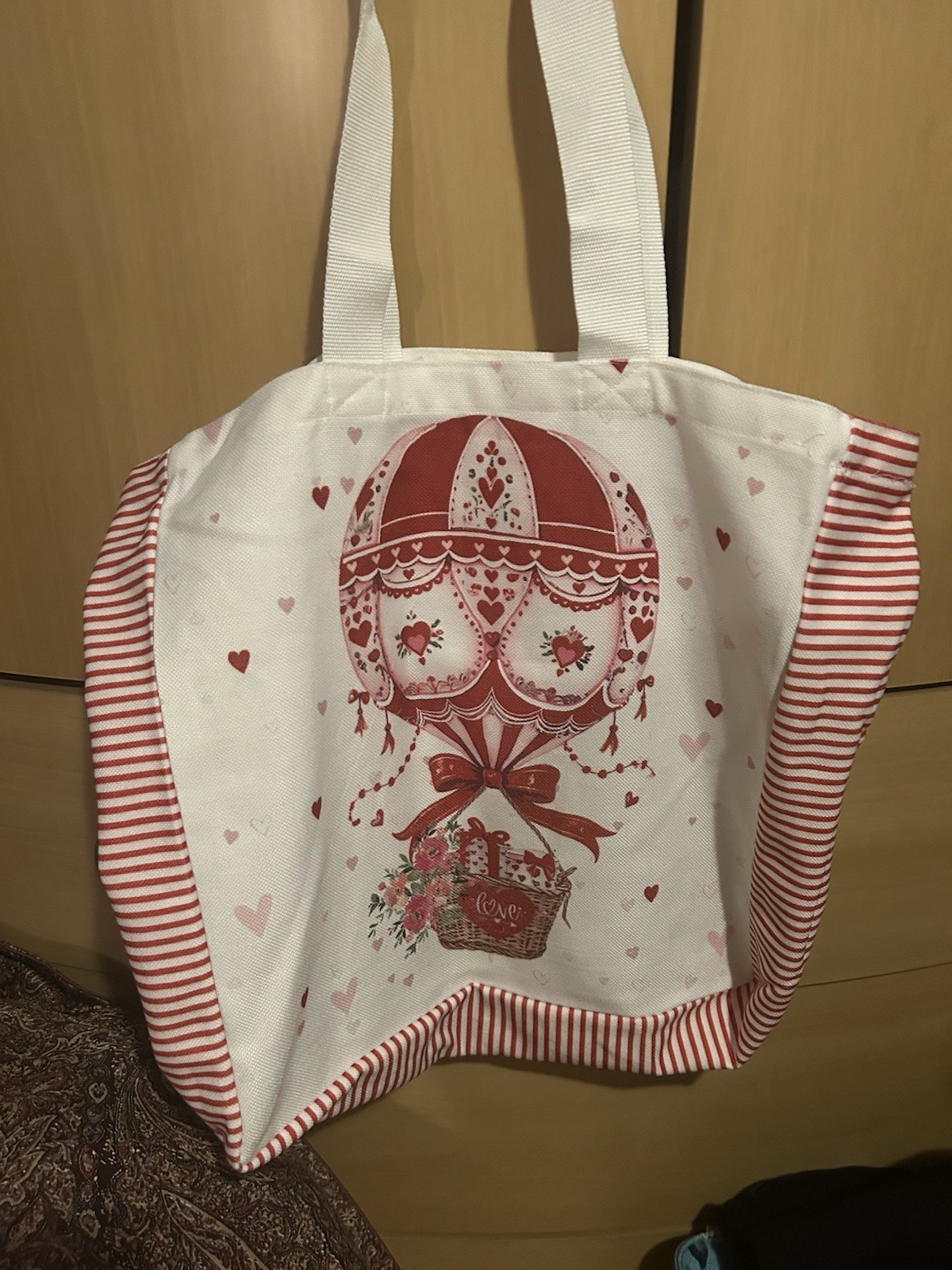 Tote Bag White/Red/Pink Heart Print Hot Air Balloon Polyester 16x16x5″