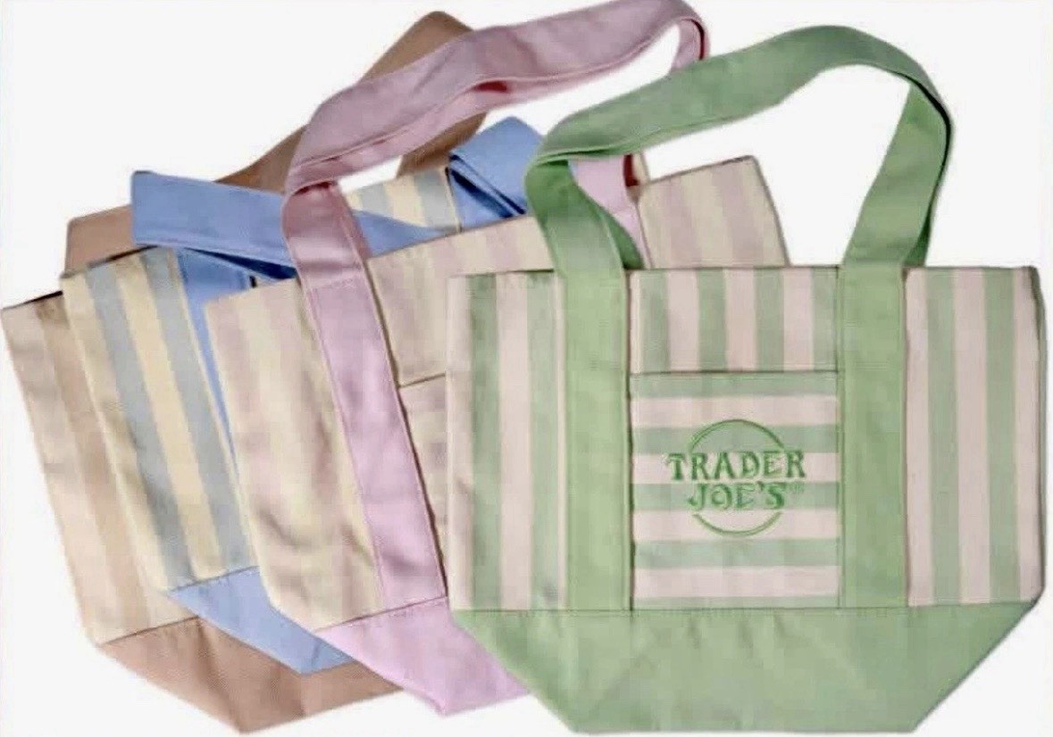 TRADER JOE’S MINI PASTEL STRIPE CANVAS TOTE BAGS SET Of 4 PINK BLUE GREEN BEIGE