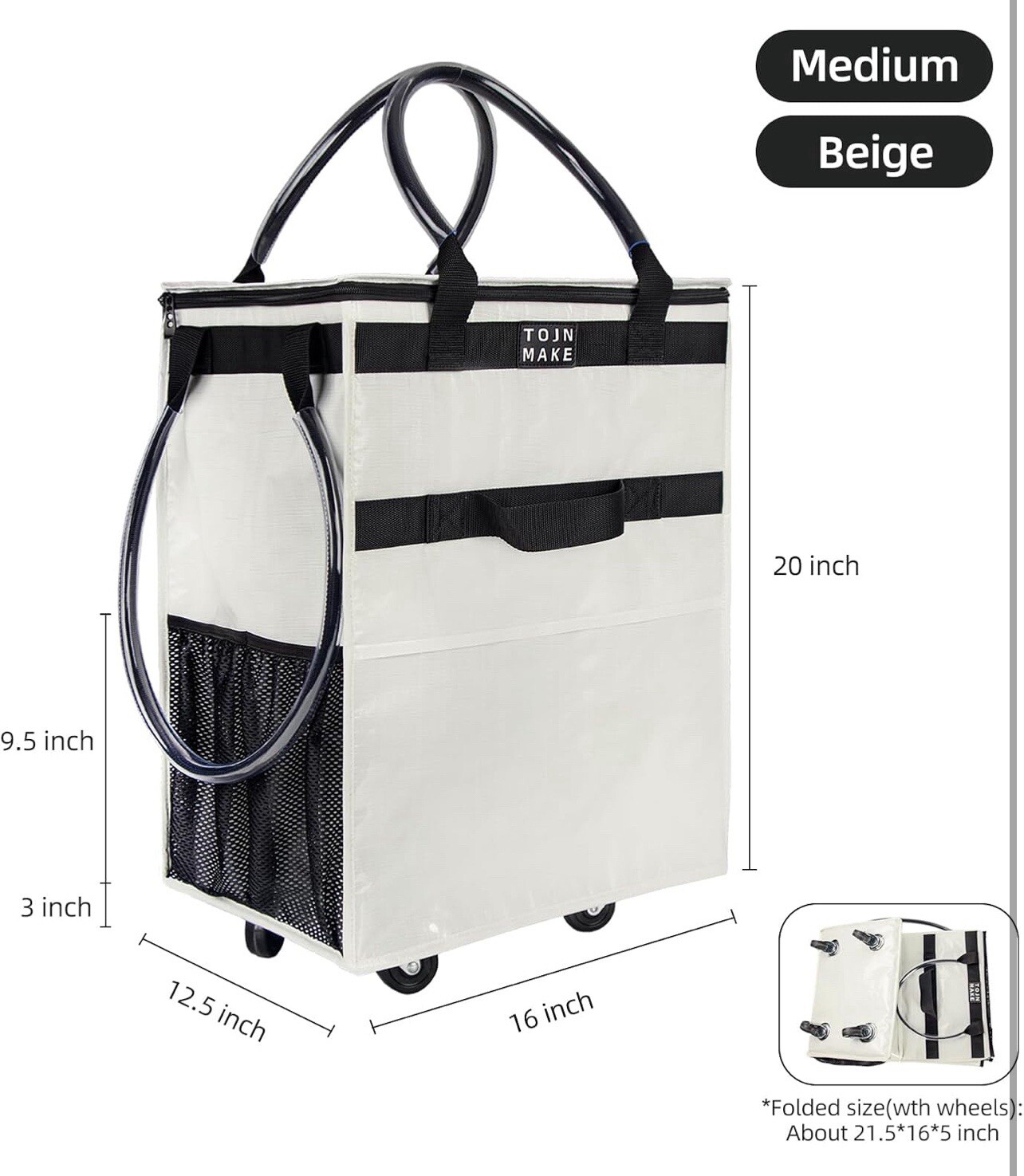 Reusable Grocery Bag on Wheels Shopping Trolley with 8 Pockets and Zipper Cover