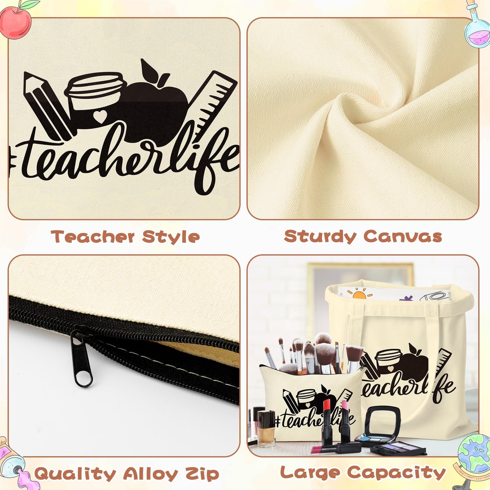 Teacher Canvas Tote Bags and makeup bag with Keychain, 3Pcs Teacher Appreciat…
